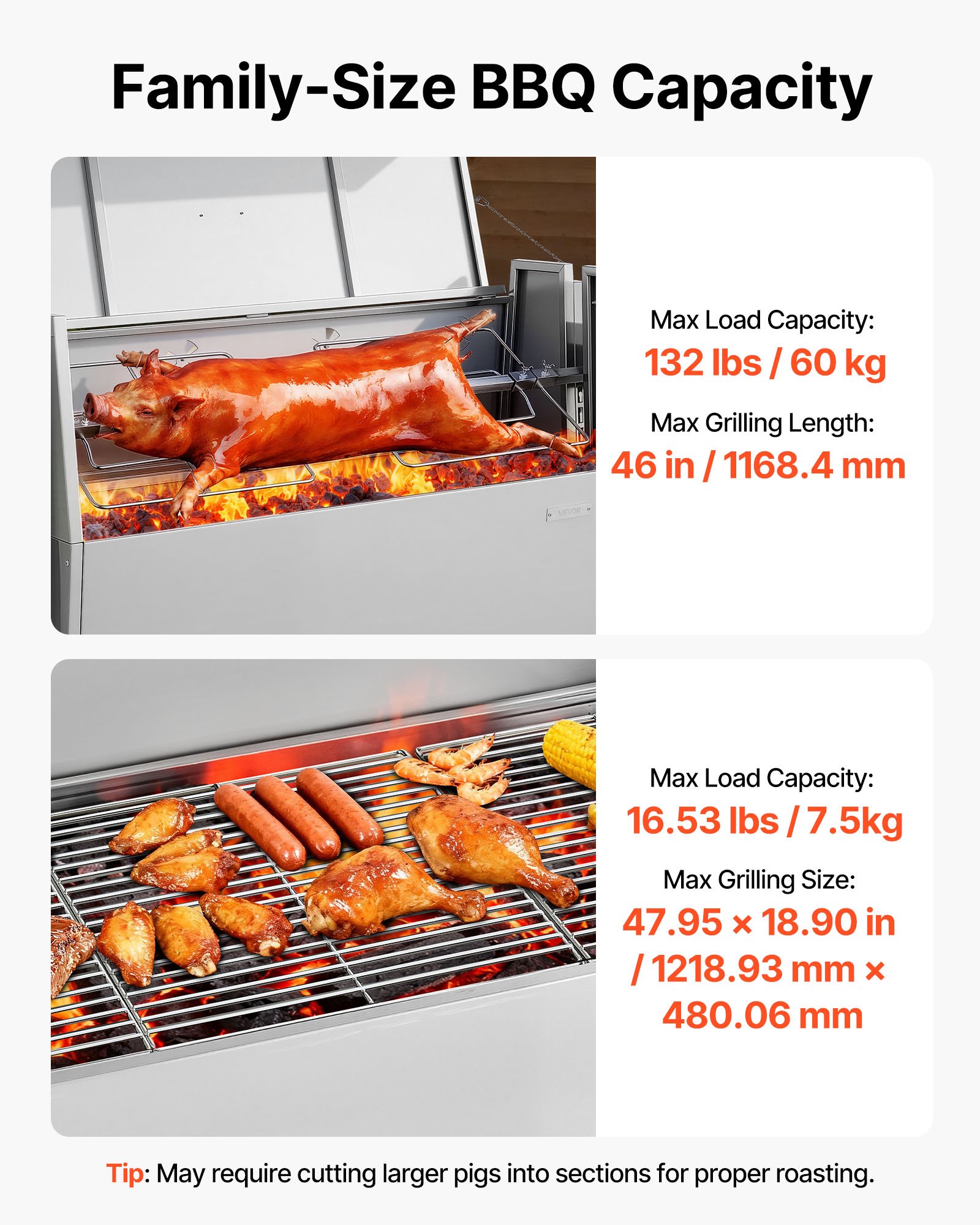 VEVOR Asador Giratorio 1168,4 mm Motor de 38 W, 4 Niveles de Altura, Capacidad de Carga de 60 kg, Parrilla de Acero Inoxidable con Ruedas, Rotación Suave de 360°, para Fiestas, Barbacoas, Acampadas