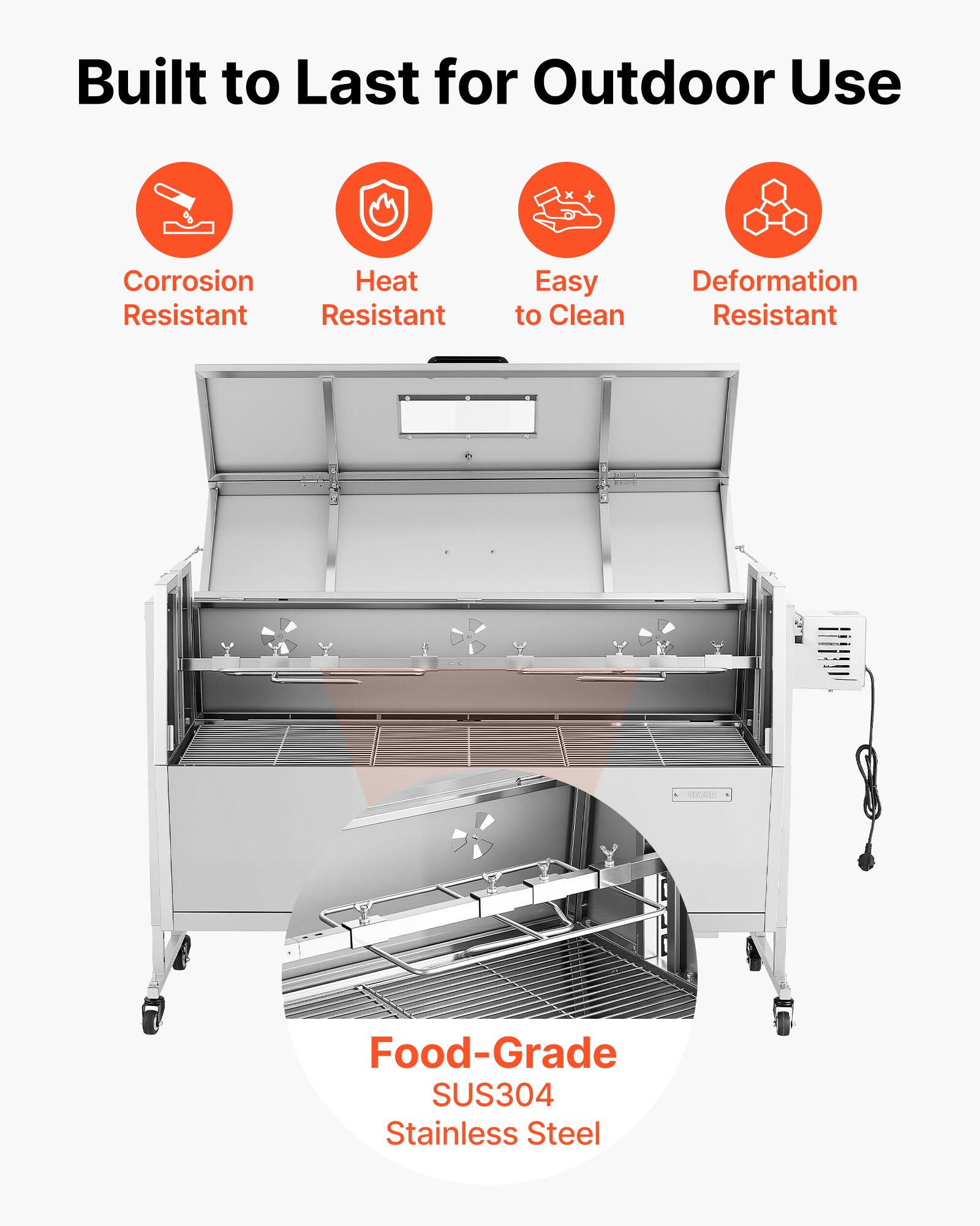 VEVOR Asador Giratorio 1168,4 mm Motor de 38 W, 4 Niveles de Altura, Capacidad de Carga de 60 kg, Parrilla de Acero Inoxidable con Ruedas, Rotación Suave de 360°, para Fiestas, Barbacoas, Acampadas