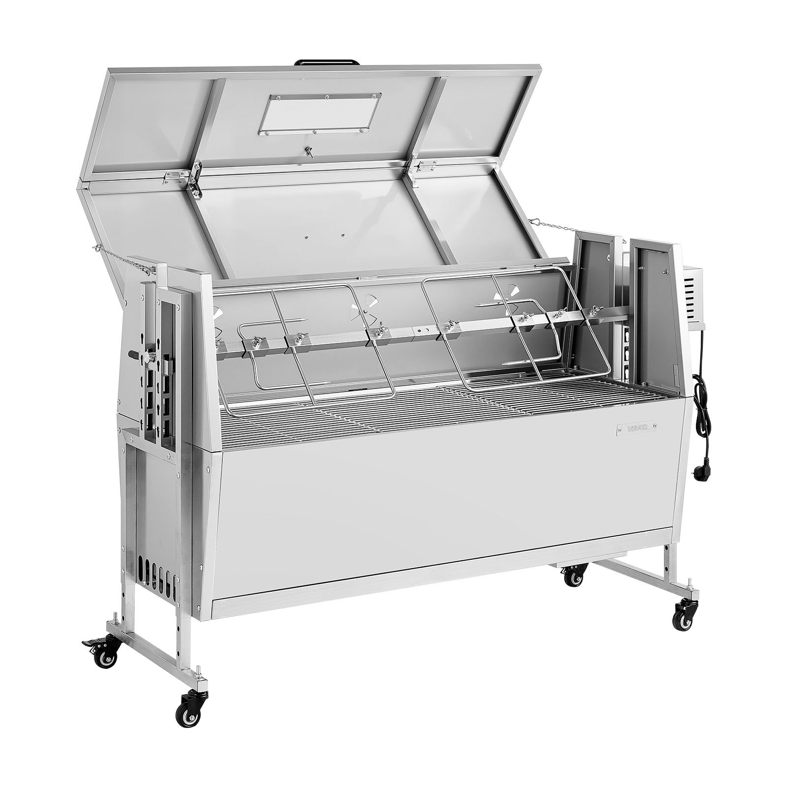 VEVOR Asador Giratorio 1168,4 mm Motor de 38 W, 4 Niveles de Altura, Capacidad de Carga de 60 kg, Parrilla de Acero Inoxidable con Ruedas, Rotación Suave de 360°, para Fiestas, Barbacoas, Acampadas