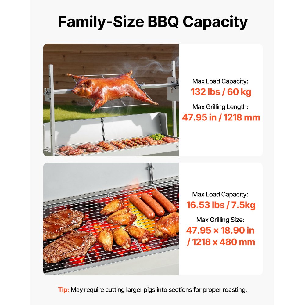 VEVOR Asador Giratorio 1218 mm 4 Niveles de Altura, Motor de 38 W, Asador de Cerdo y Cordero, Capacidad de Carga de 60 kg, de Acero Inoxidable, Rotación Suave de 360° para Fiestas, Barbacoas, Camping