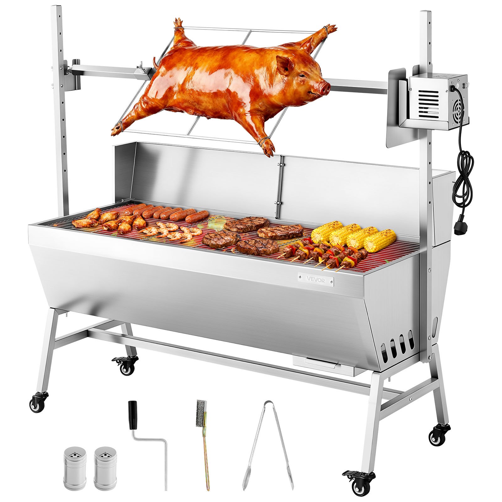 VEVOR Asador Giratorio 1218 mm 4 Niveles de Altura, Motor de 38 W, Asador de Cerdo y Cordero, Capacidad de Carga de 60 kg, de Acero Inoxidable, Rotación Suave de 360° para Fiestas, Barbacoas, Camping