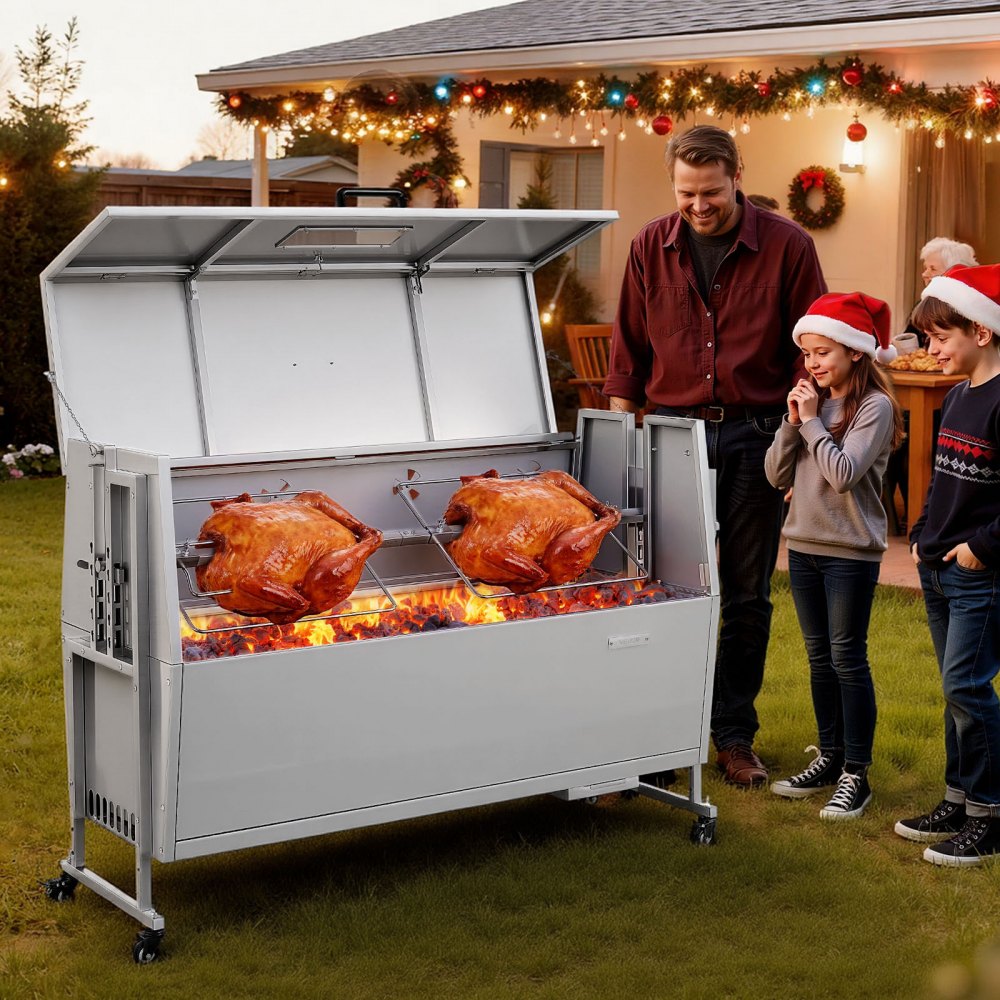 VEVOR Asador Giratorio 1320 mm Motor de 38 W, 4 Niveles de Altura, Capacidad de Carga de 60 kg, Parrilla de Acero Inoxidable con Ruedas, Rotación Suave de 360°, para Fiestas, Barbacoas, Acampadas