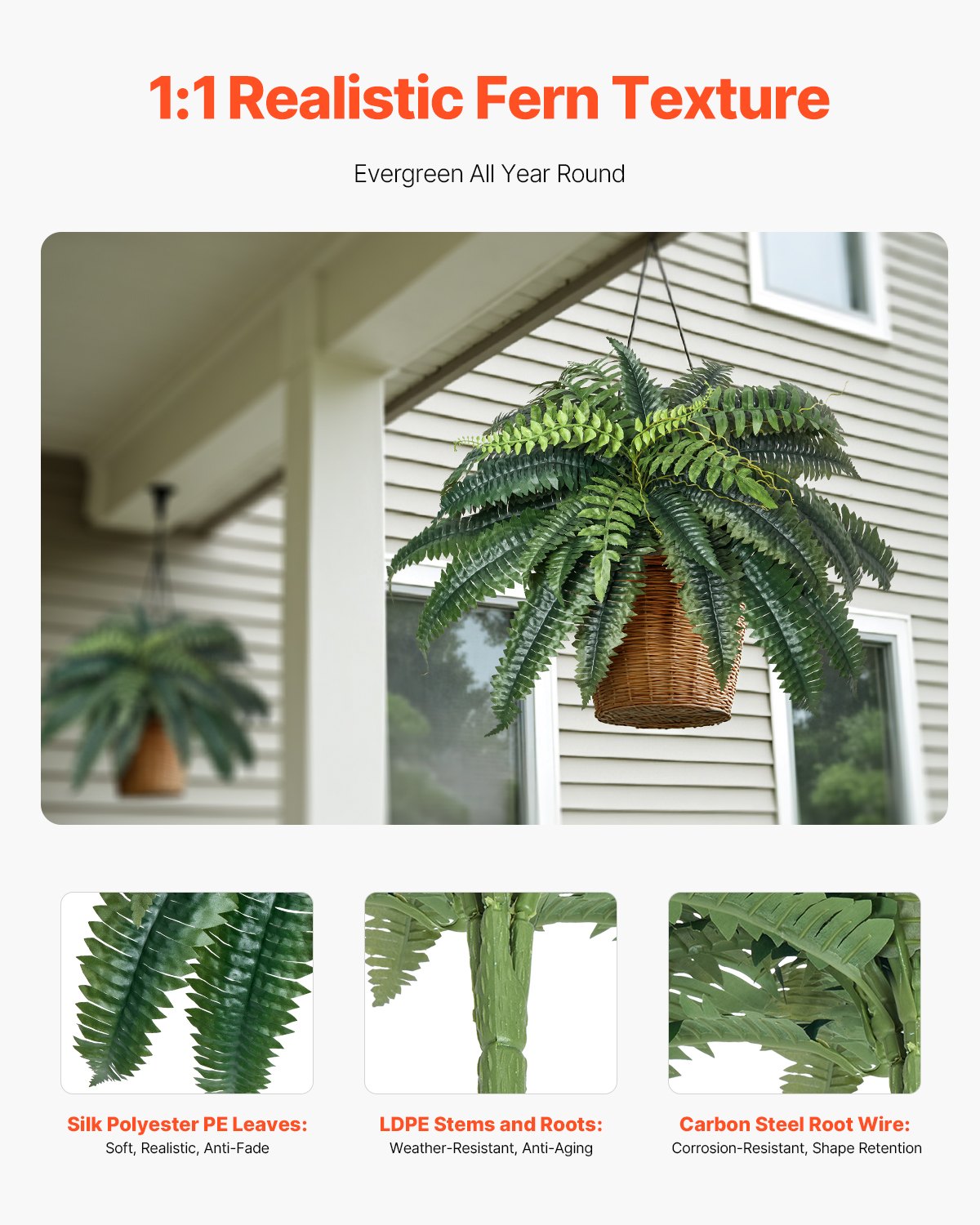 VEVOR Helechos Artificiales, Diámetro Natural de Extensión: 89-99 cm, Colgantes, Decoración de Pared con 35 Ramas, Helecho Artificial para Hogar y Oficina, Maceta No Incluida, 600 x 250 x 250 mm