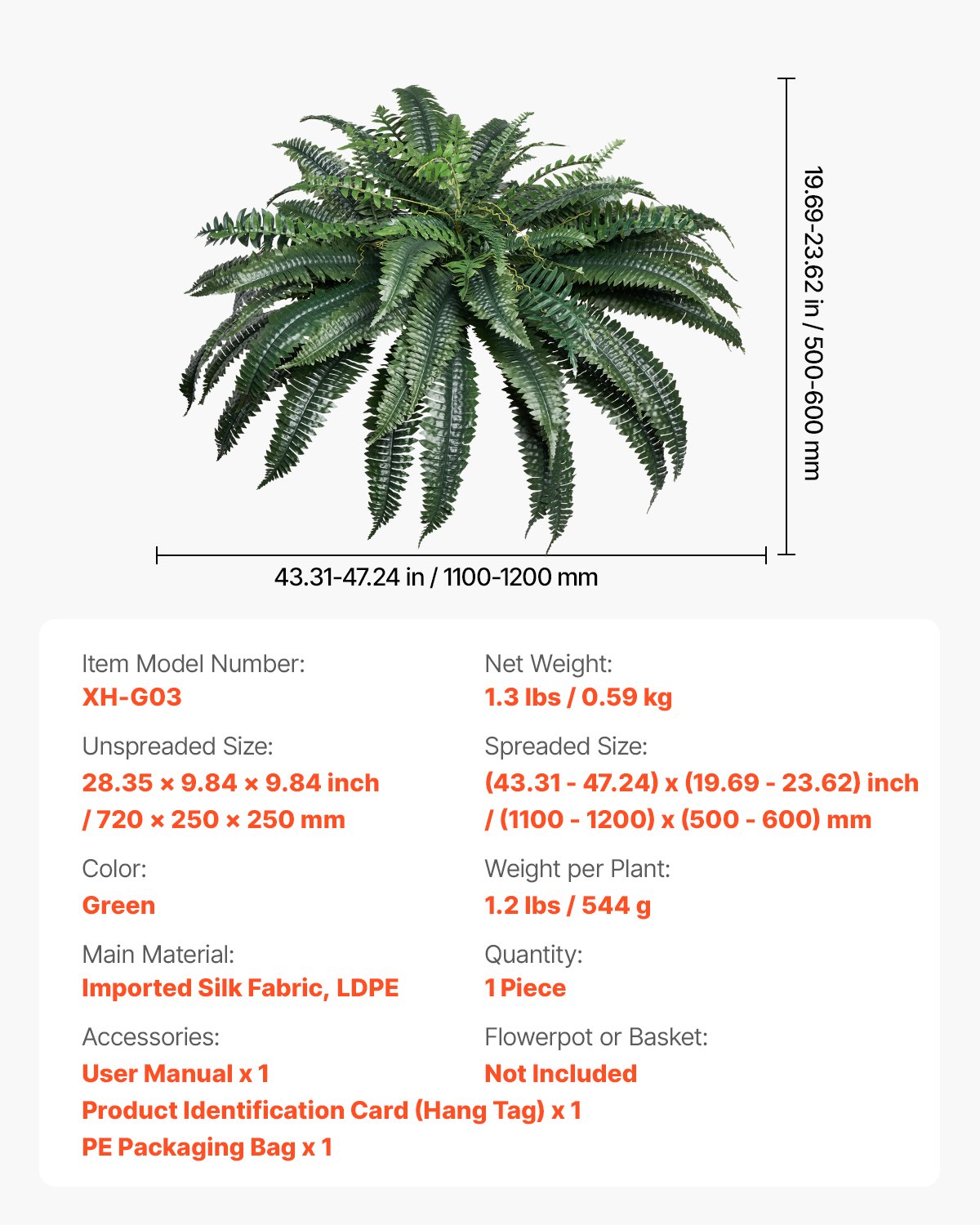 VEVOR Helechos Artificiales de Plástico, Diámetro Natural de 100-119 cm, Decoración de Pared con 88 Ramas, para Casa, Oficina y Exterior, Maceta no Incluida, 720 x 250 x 250 mm, Verde, 1 Pieza