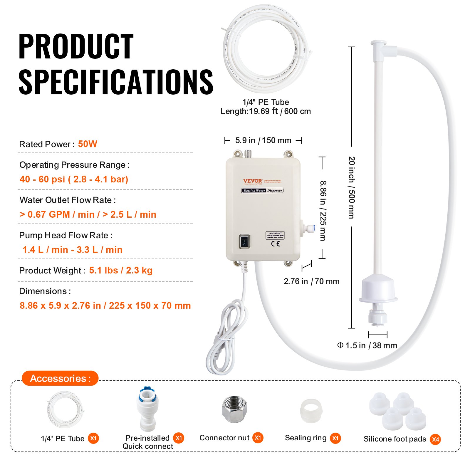 VEVOR Sistema de Bomba Dispensadora de Agua Embotellada, Sistema Dispensador de Más de 2,5 L/min, Bomba de Jarra de Agua de Entrada Única, Uso Compatible con Máquina de Café/Té o Hielo, Refrigerador