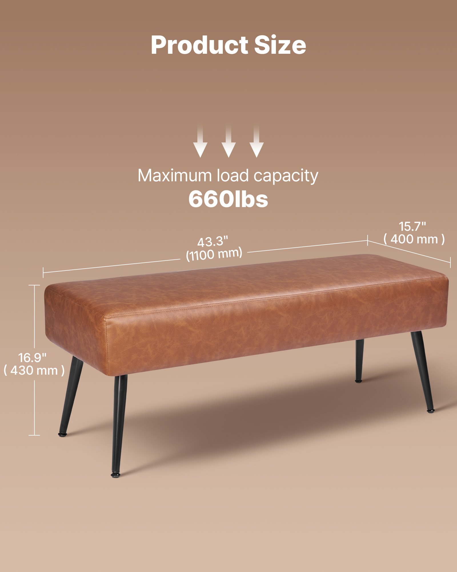 VEVOR Banco de Dormitorio de Cuero, Banco Moderno Tapizado de Cuero Sintético 400 x 1100 x 430 mm con Patas de Metal y Costuras, Cojín de Espuma, para Sala de Estar, Comedor y Pasillo, Marrón