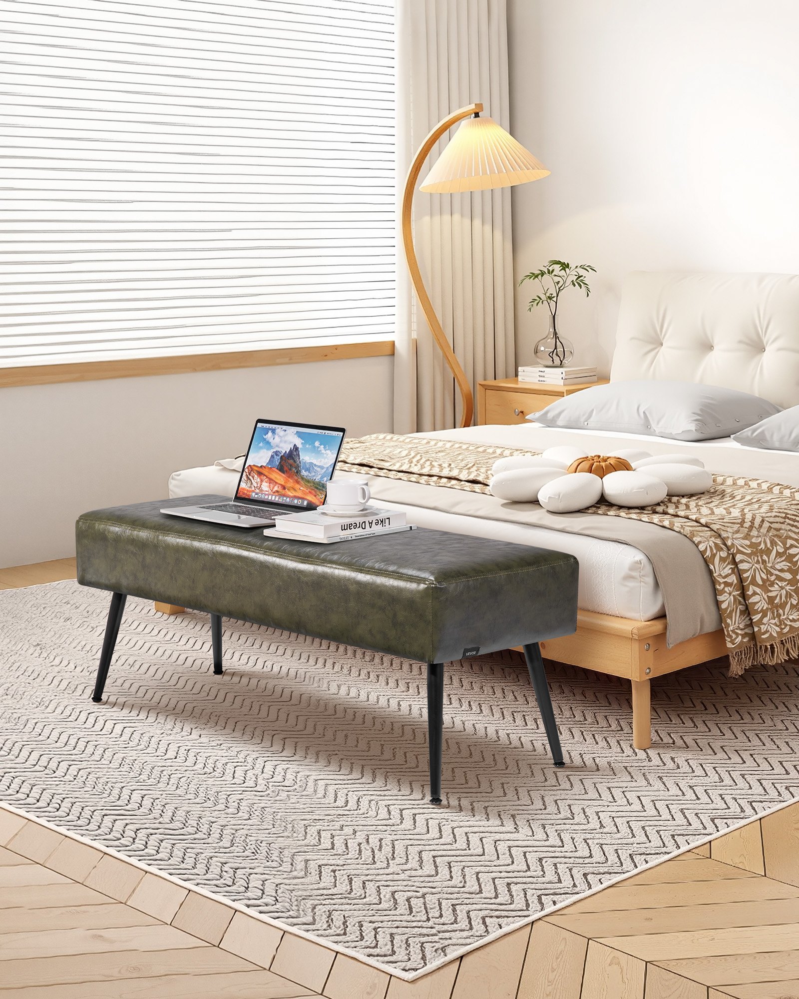 VEVOR Banco de Dormitorio de Cuero, Banco Moderno Tapizado de Cuero Sintético 400 x 1100 x 430 mm con Patas de Metal y Costuras, Cojín de Espuma, para Sala de Estar, Comedor y Pasillo, Verde