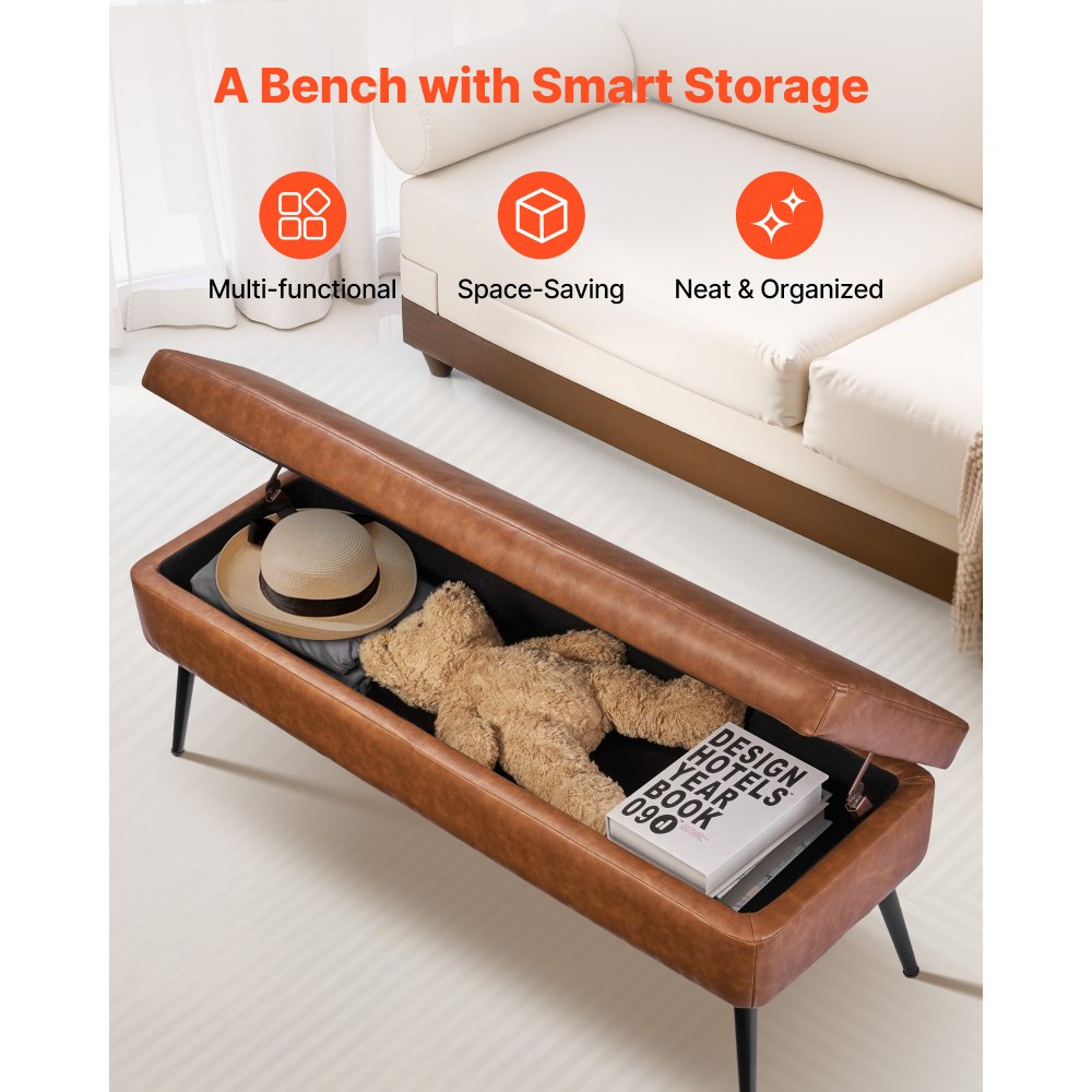 VEVOR Leather Storage Ottoman Bench, PU Leather Bench with Storage and Metal Legs, Upholstered Shoe Benches Seat for Entryway, Modern End of Bed Benches for Living Room, Dining Room, Hallway, Brown