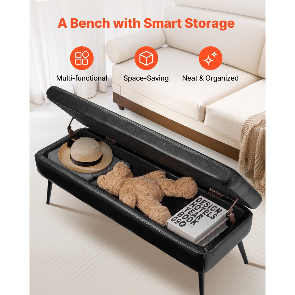 VEVOR Leather Storage Ottoman Bench, PU Leather Bench with Storage and Metal Legs, Modern Shoe Benches Seat for Entryway, Upholstered End of Bed Benches for Living Room, Dining Room, Hallway, Black