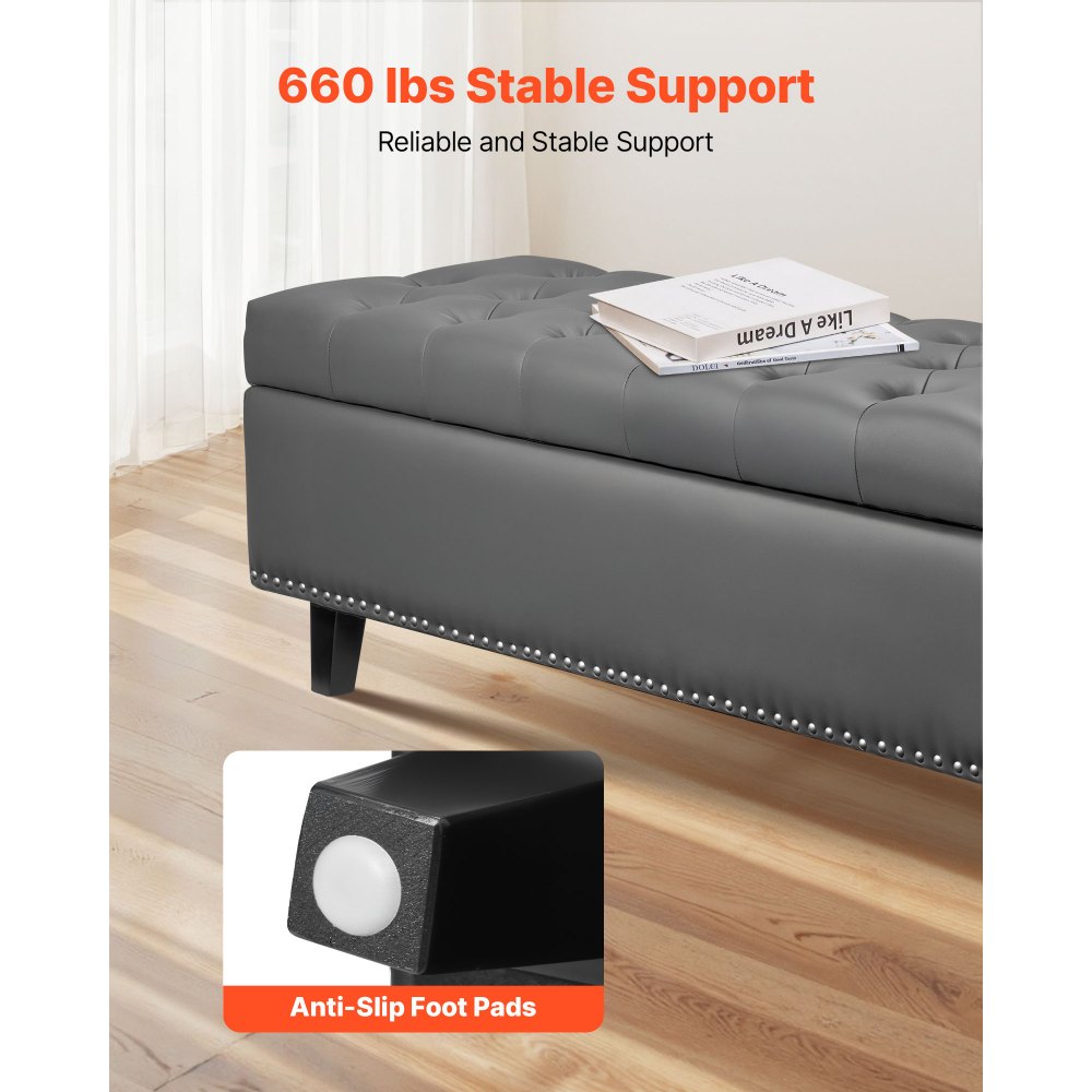 VEVOR Banco de Cuero con Botones, Banco Tapizado de Cuero Sintético 415 x 1305 x 440 mm con Almacenaje y Patas de Madera Maciza, Cojín de Espuma, para Sala de Estar, Comedor y Pasillo, Gris