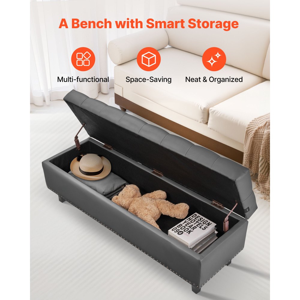 VEVOR Banco de Cuero con Botones, Banco Tapizado de Cuero Sintético 415 x 1305 x 440 mm con Almacenaje y Patas de Madera Maciza, Cojín de Espuma, para Sala de Estar, Comedor y Pasillo, Gris