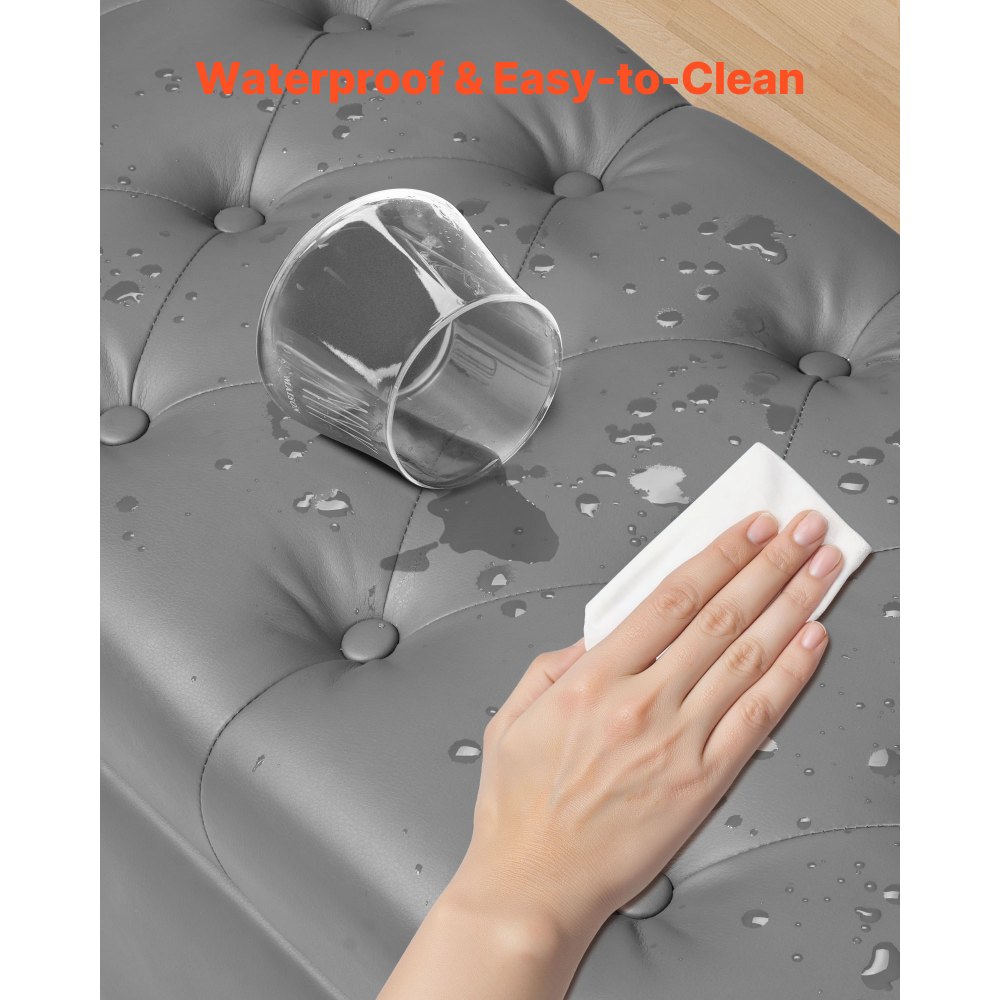 VEVOR Banco de Cuero con Botones, Banco Tapizado de Cuero Sintético 415 x 1305 x 440 mm con Almacenaje y Patas de Madera Maciza, Cojín de Espuma, para Sala de Estar, Comedor y Pasillo, Gris