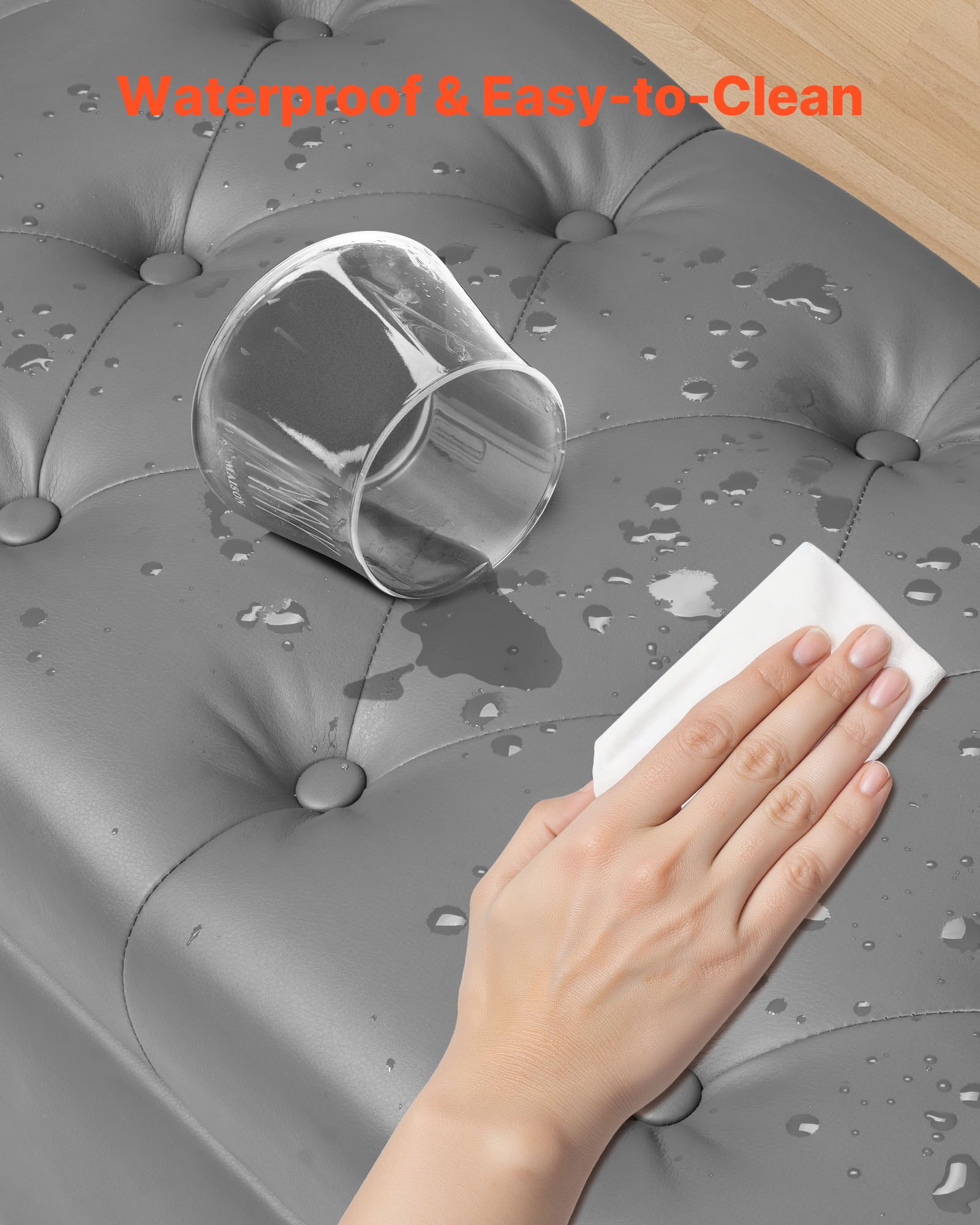 VEVOR Banco de Cuero con Botones, Banco Tapizado de Cuero Sintético 415 x 1305 x 440 mm con Almacenaje y Patas de Madera Maciza, Cojín de Espuma, para Sala de Estar, Comedor y Pasillo, Gris