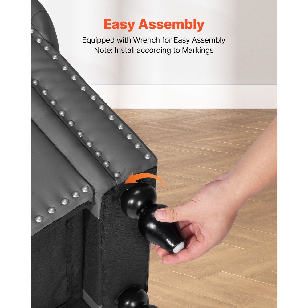 VEVOR Banco de Cuero con Botones, Banco Tapizado de Cuero Sintético 460 x 1660 x 560 mm con Almacenaje, Brazos Enrollados y Patas de Madera Maciza, Cojín de Espuma, para Sala de Estar, Gris