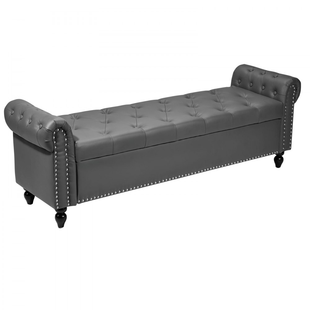 VEVOR Banco de Cuero con Botones, Banco Tapizado de Cuero Sintético 460 x 1660 x 560 mm con Almacenaje, Brazos Enrollados y Patas de Madera Maciza, Cojín de Espuma, para Sala de Estar, Gris
