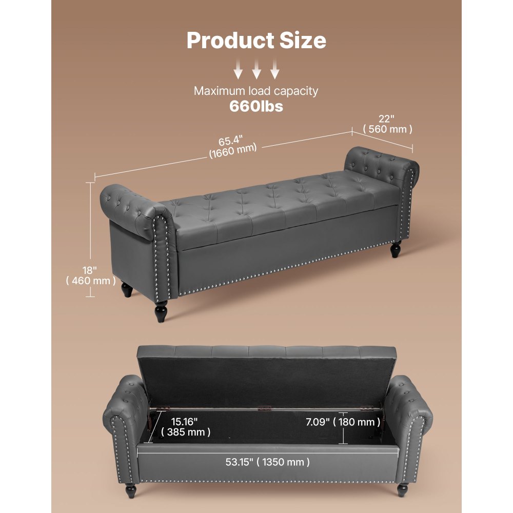 VEVOR Banco de Cuero con Botones, Banco Tapizado de Cuero Sintético 460 x 1660 x 560 mm con Almacenaje, Brazos Enrollados y Patas de Madera Maciza, Cojín de Espuma, para Sala de Estar, Gris