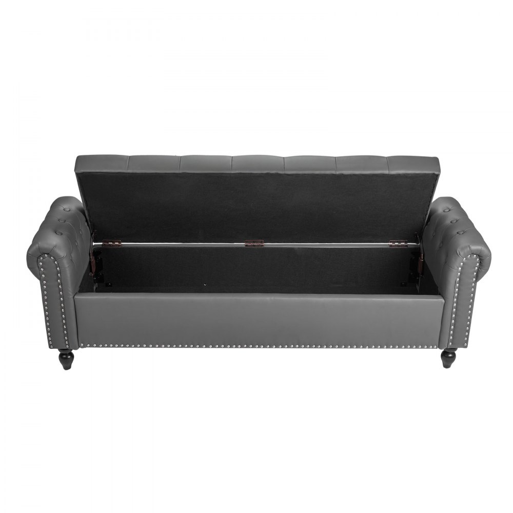 VEVOR Banco de Cuero con Botones, Banco Tapizado de Cuero Sintético 460 x 1660 x 560 mm con Almacenaje, Brazos Enrollados y Patas de Madera Maciza, Cojín de Espuma, para Sala de Estar, Gris
