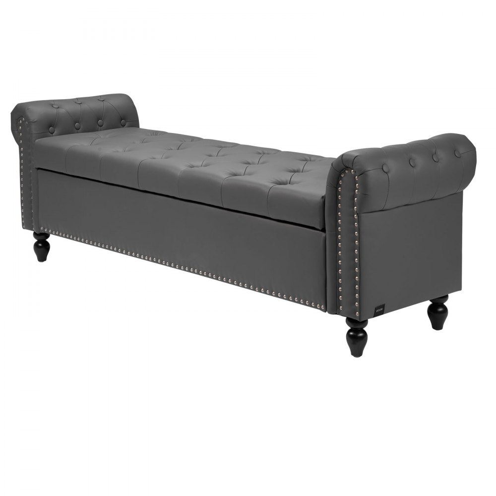 VEVOR Banco de Cuero con Botones, Banco Tapizado de Cuero Sintético 460 x 1660 x 560 mm con Almacenaje, Brazos Enrollados y Patas de Madera Maciza, Cojín de Espuma, para Sala de Estar, Gris