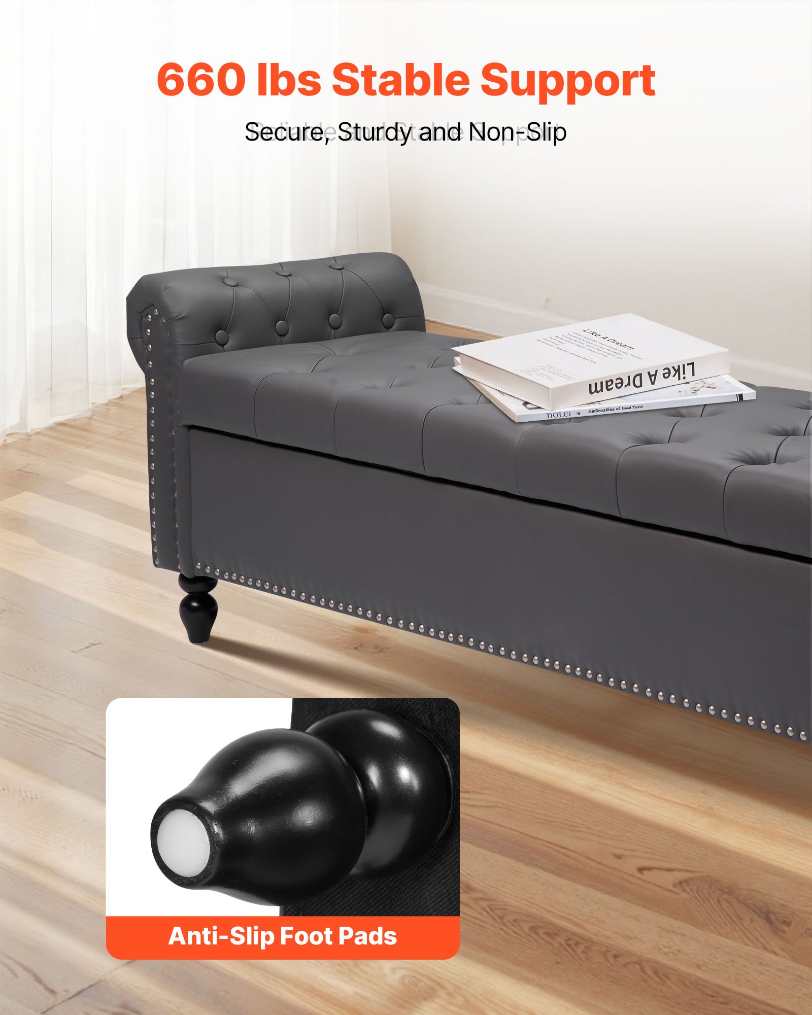 VEVOR Banco de Cuero con Botones, Banco Tapizado de Cuero Sintético 460 x 1660 x 560 mm con Almacenaje, Brazos Enrollados y Patas de Madera Maciza, Cojín de Espuma, para Sala de Estar, Gris