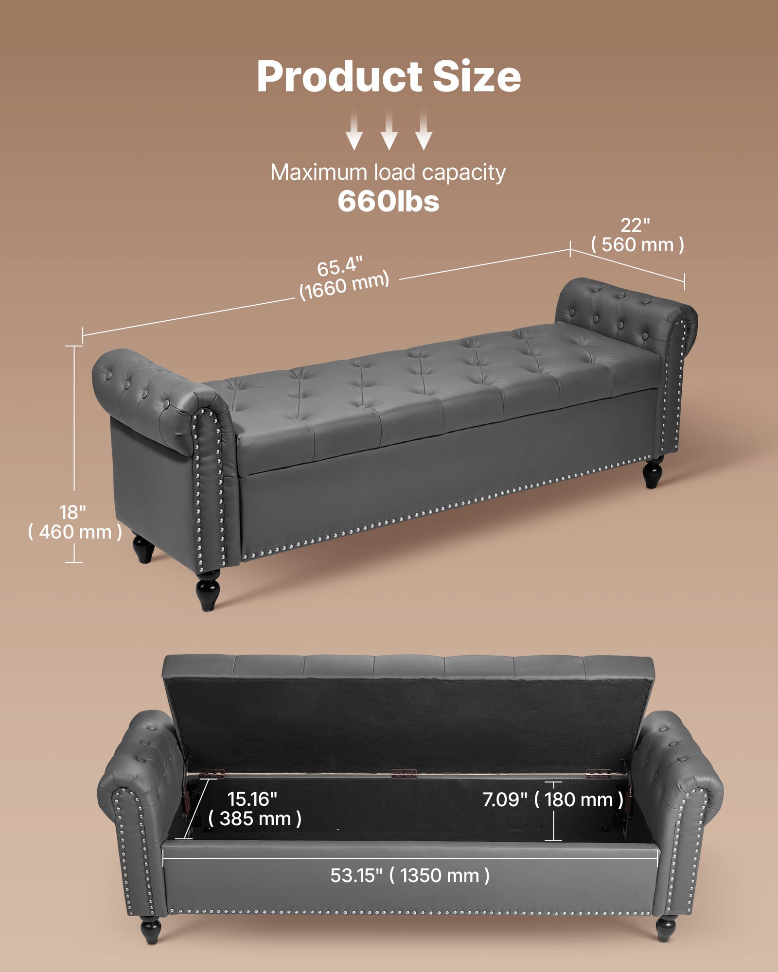 VEVOR Banco de Cuero con Botones, Banco Tapizado de Cuero Sintético 460 x 1660 x 560 mm con Almacenaje, Brazos Enrollados y Patas de Madera Maciza, Cojín de Espuma, para Sala de Estar, Gris