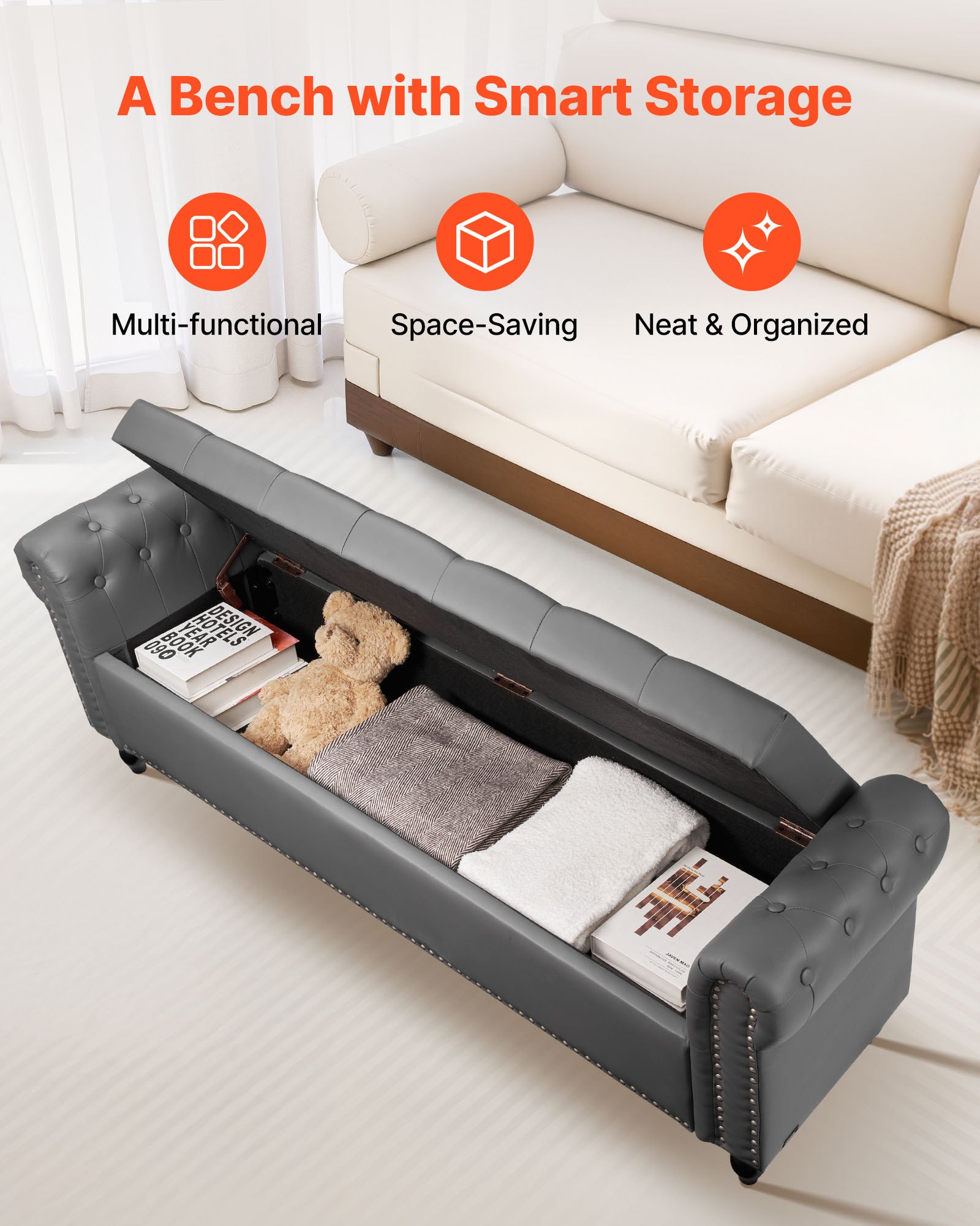 VEVOR Banco de Cuero con Botones, Banco Tapizado de Cuero Sintético 460 x 1660 x 560 mm con Almacenaje, Brazos Enrollados y Patas de Madera Maciza, Cojín de Espuma, para Sala de Estar, Gris