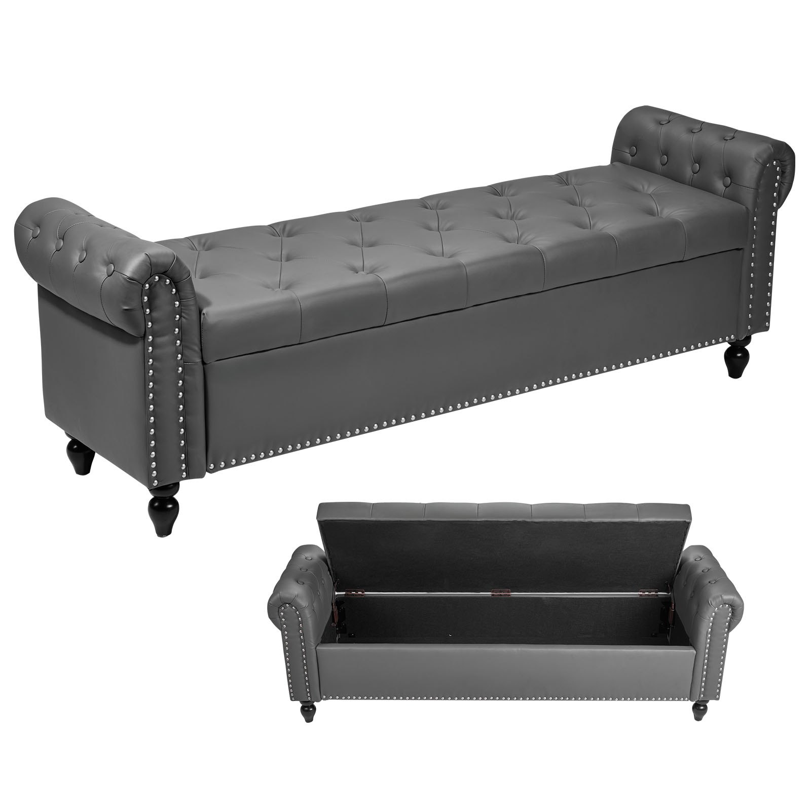 VEVOR Banco de Cuero con Botones, Banco Tapizado de Cuero Sintético 460 x 1660 x 560 mm con Almacenaje, Brazos Enrollados y Patas de Madera Maciza, Cojín de Espuma, para Sala de Estar, Gris