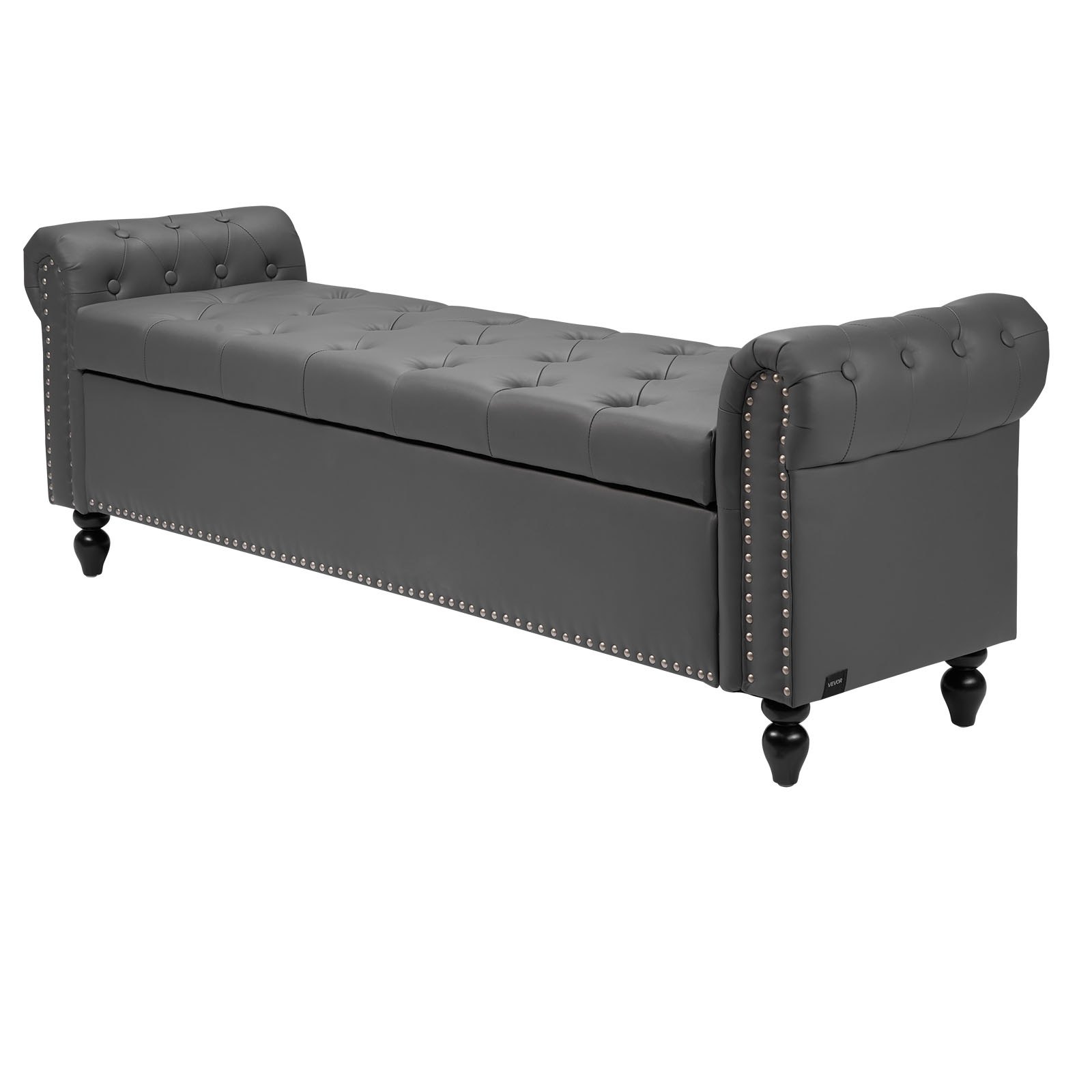 VEVOR Banco de Cuero con Botones, Banco Tapizado de Cuero Sintético 460 x 1660 x 560 mm con Almacenaje, Brazos Enrollados y Patas de Madera Maciza, Cojín de Espuma, para Sala de Estar, Gris