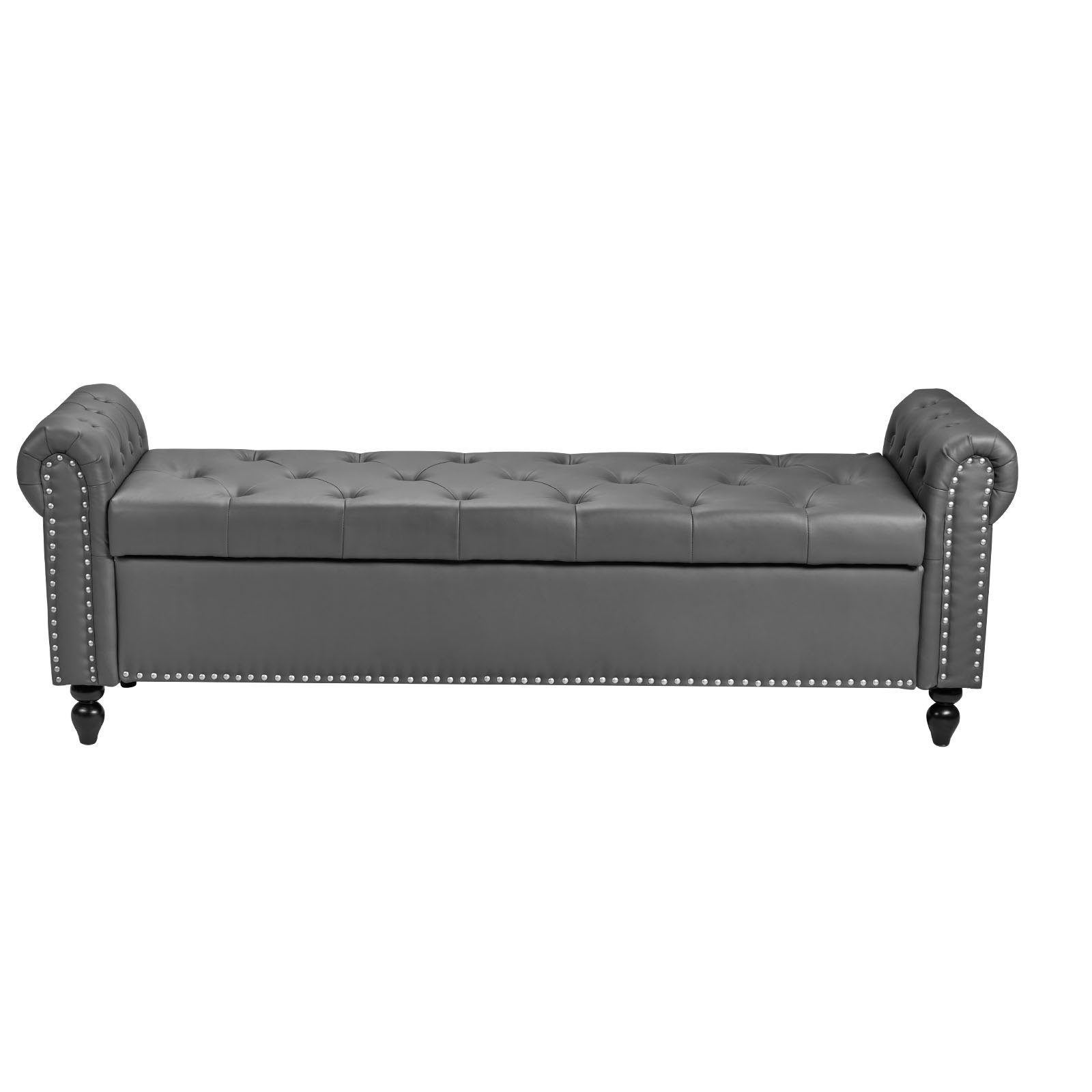 VEVOR Banco de Cuero con Botones, Banco Tapizado de Cuero Sintético 460 x 1660 x 560 mm con Almacenaje, Brazos Enrollados y Patas de Madera Maciza, Cojín de Espuma, para Sala de Estar, Gris