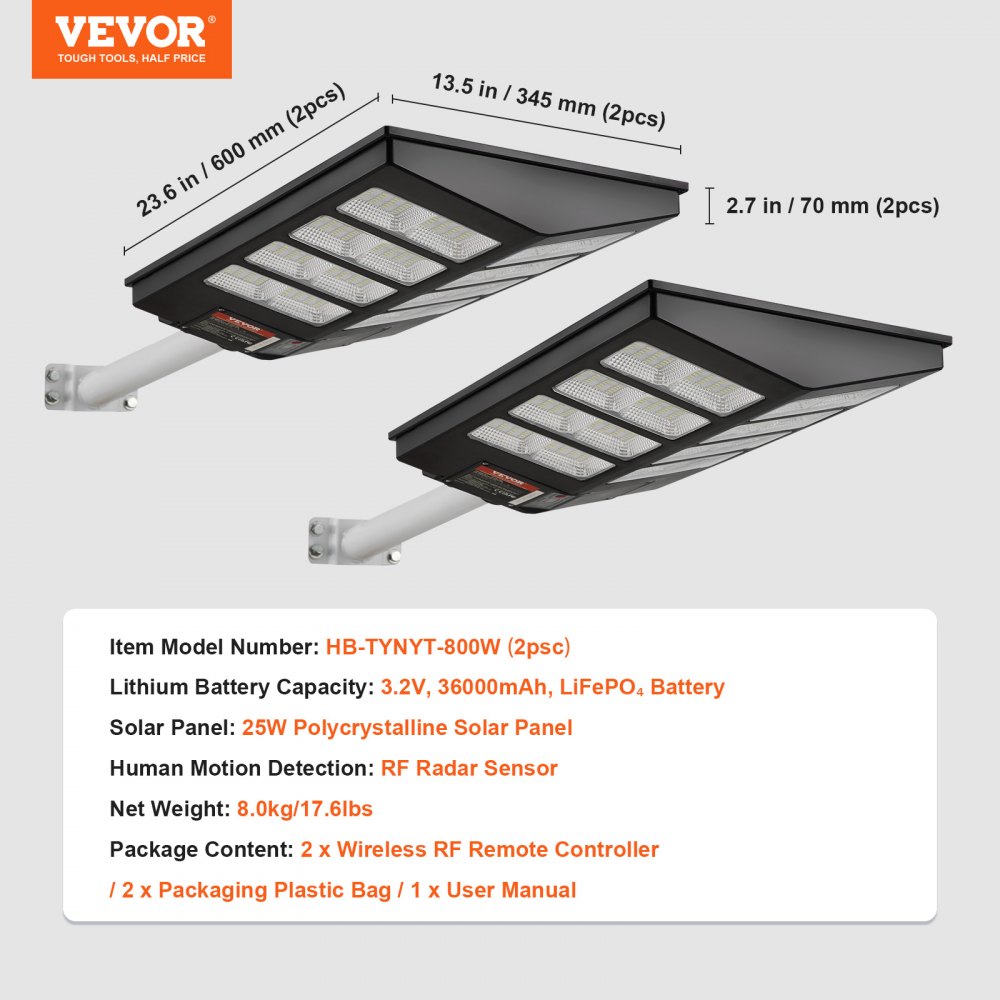 VEVOR 2PCS 800W LED Luz de calle solar 1400LM Lámpara solar con sensor de movimiento al aire libre