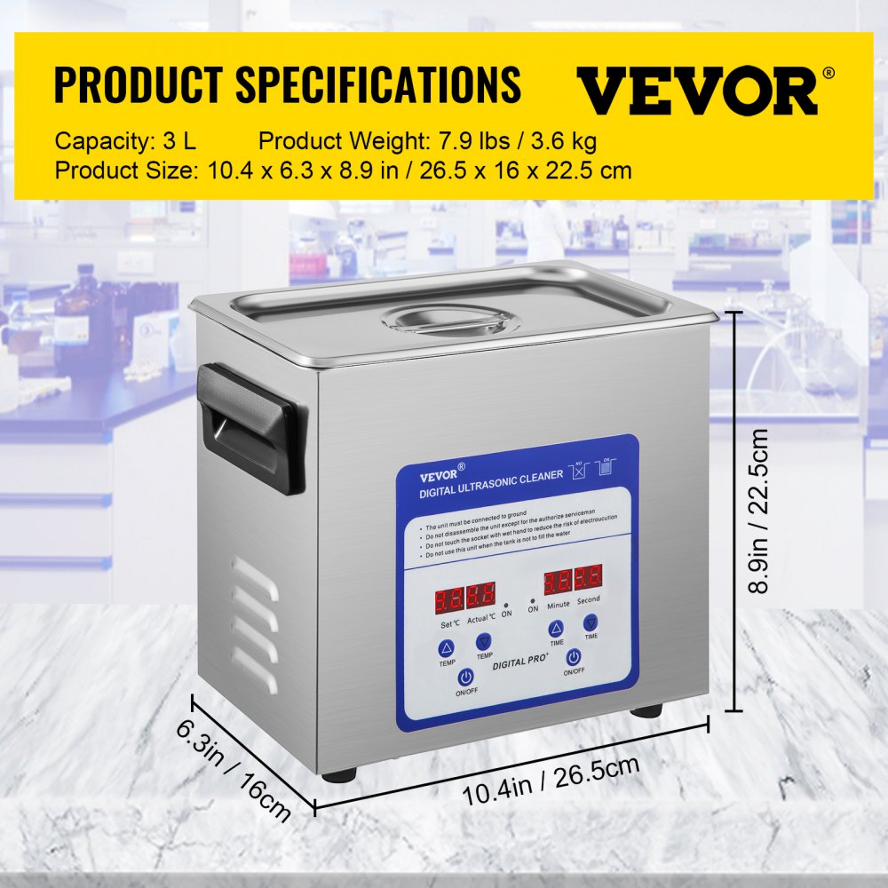 VEVOR Limpiador Ultrasónico 3 L Máquina de Limpieza Ultrasónica 120 W Máquina Limpiadora Ultrasónica con Temporizador y Calentador Digital LCD para Joyas, Gafas, Relojes, Metal, Dental, Laboratorio