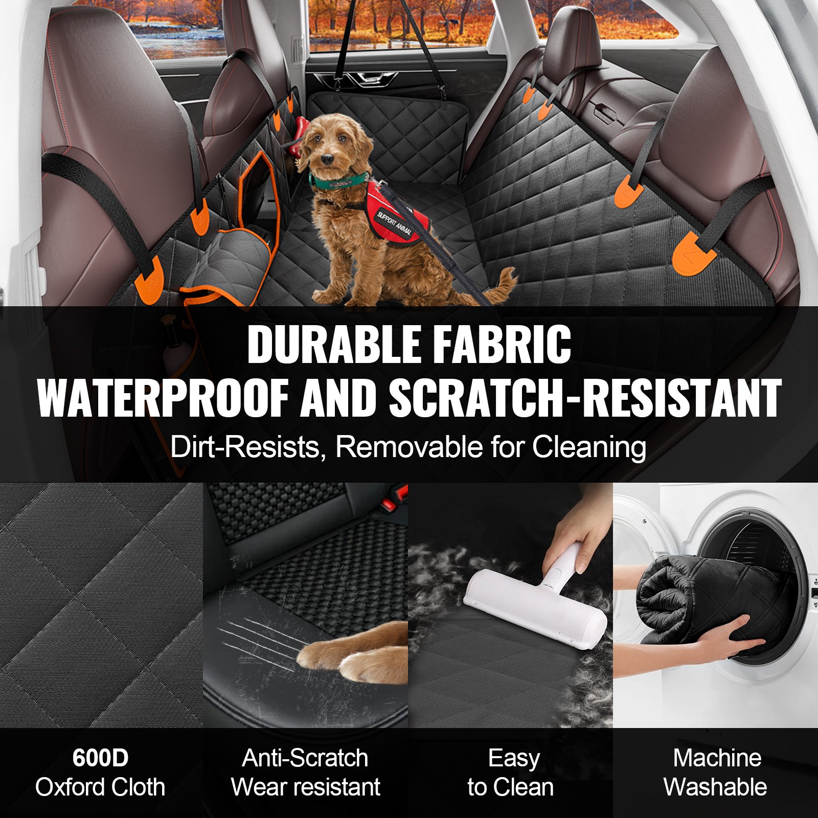 VEVOR Funda Perros Coche Impermeable 600D Cubierta de Asiento Trasero para Mascota 136 x 67 cm Protector de Asiento para Perros con Ventana de Malla Visible y Bolsillo de Almacenamiento para SUV