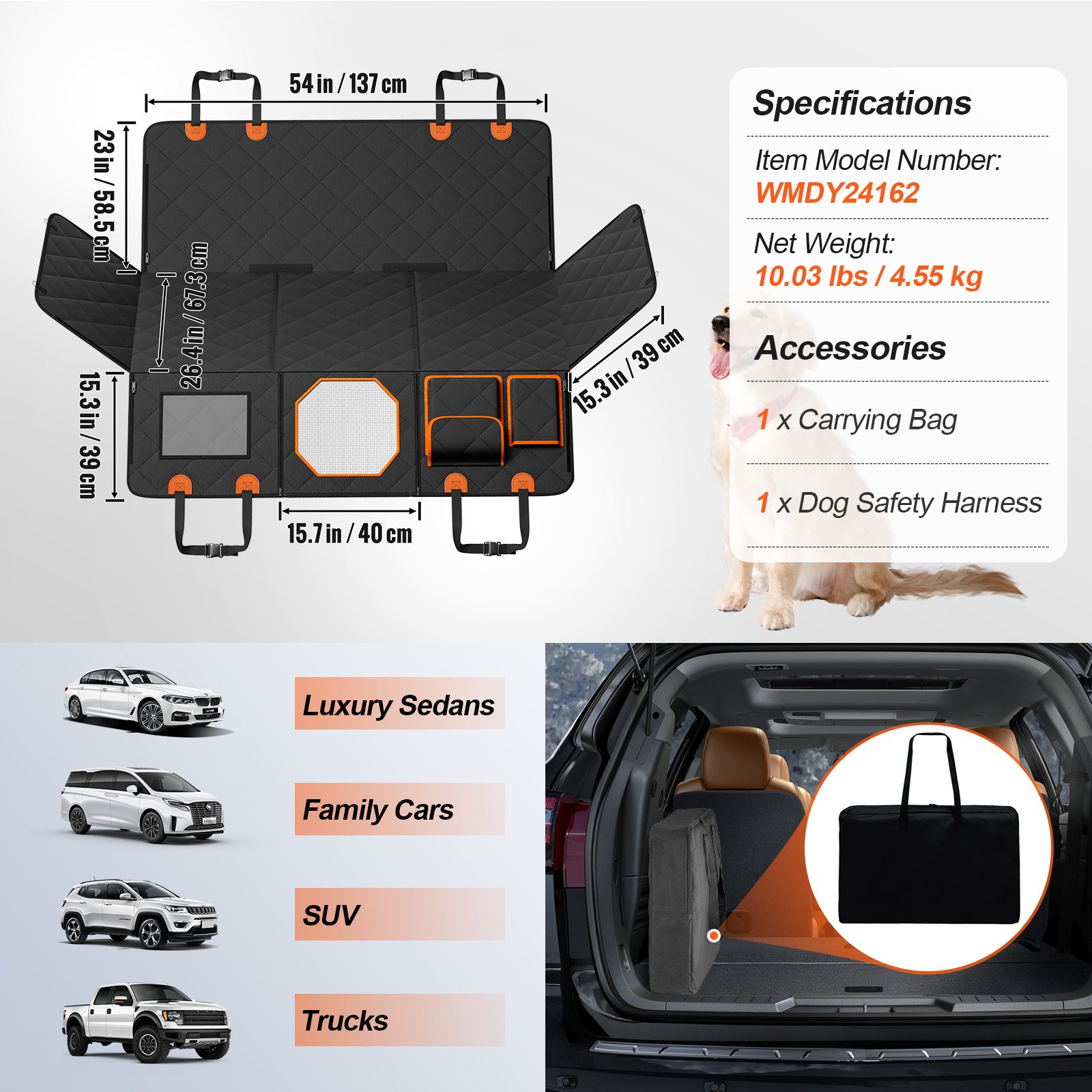 VEVOR Funda Perros Coche Impermeable 600D Cubierta de Asiento Trasero para Mascota 136 x 67 cm Protector de Asiento para Perros con Ventana de Malla Visible y Bolsillo de Almacenamiento para SUV