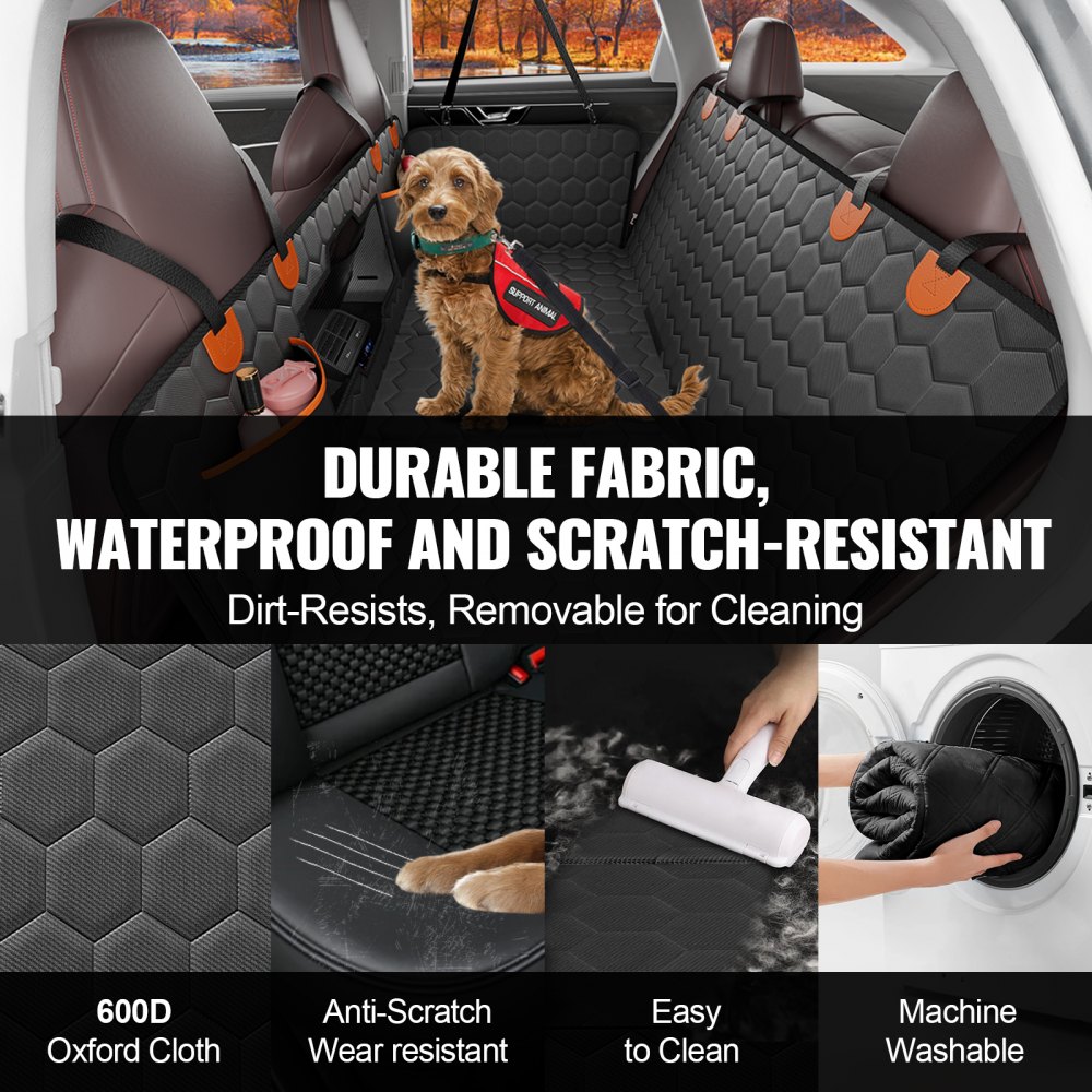 VEVOR Funda Perros Coche Impermeable 600D Cubierta de Asiento Trasero para Mascota 136 x 65 cm Protector de Asiento para Perros con Ventana de Malla Visible y Bolsillo de Almacenamiento para Coches