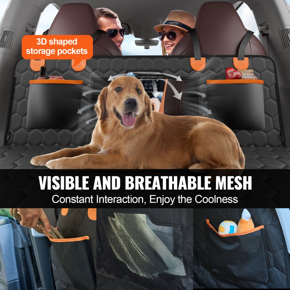 VEVOR Funda Perros Coche Impermeable 600D Cubierta de Asiento Trasero para Mascota 136 x 65 cm Protector de Asiento para Perros con Ventana de Malla Visible y Bolsillo de Almacenamiento para Coches