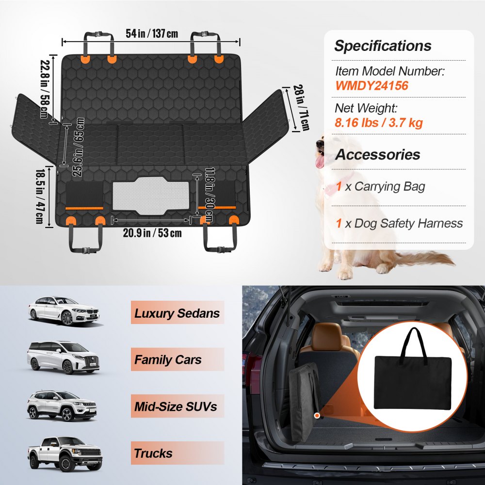 VEVOR Funda Perros Coche Impermeable 600D Cubierta de Asiento Trasero para Mascota 136 x 65 cm Protector de Asiento para Perros con Ventana de Malla Visible y Bolsillo de Almacenamiento para Coches
