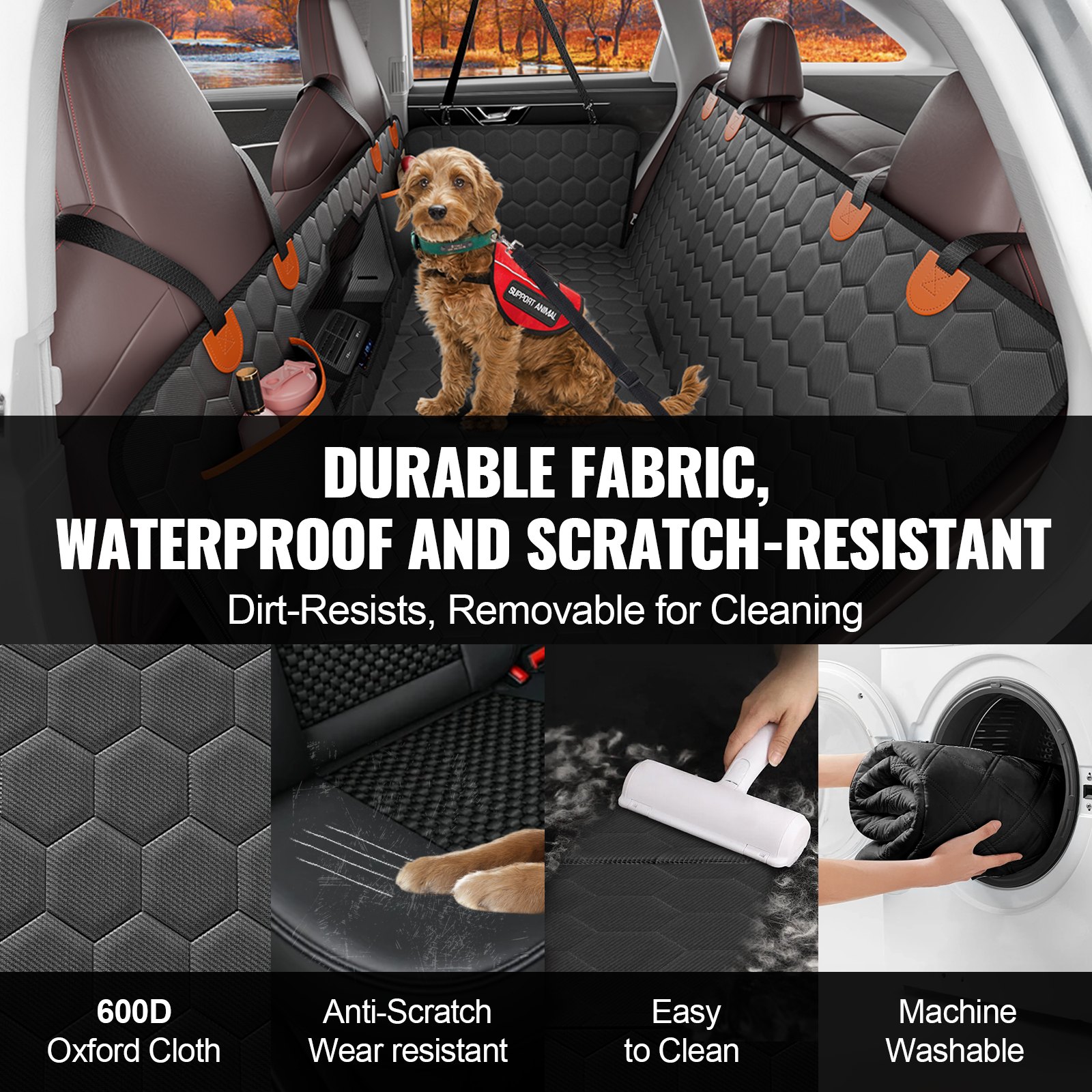 VEVOR Funda Perros Coche Impermeable 600D Cubierta de Asiento Trasero para Mascota 136 x 65 cm Protector de Asiento para Perros con Ventana de Malla Visible y Bolsillo de Almacenamiento para Coches