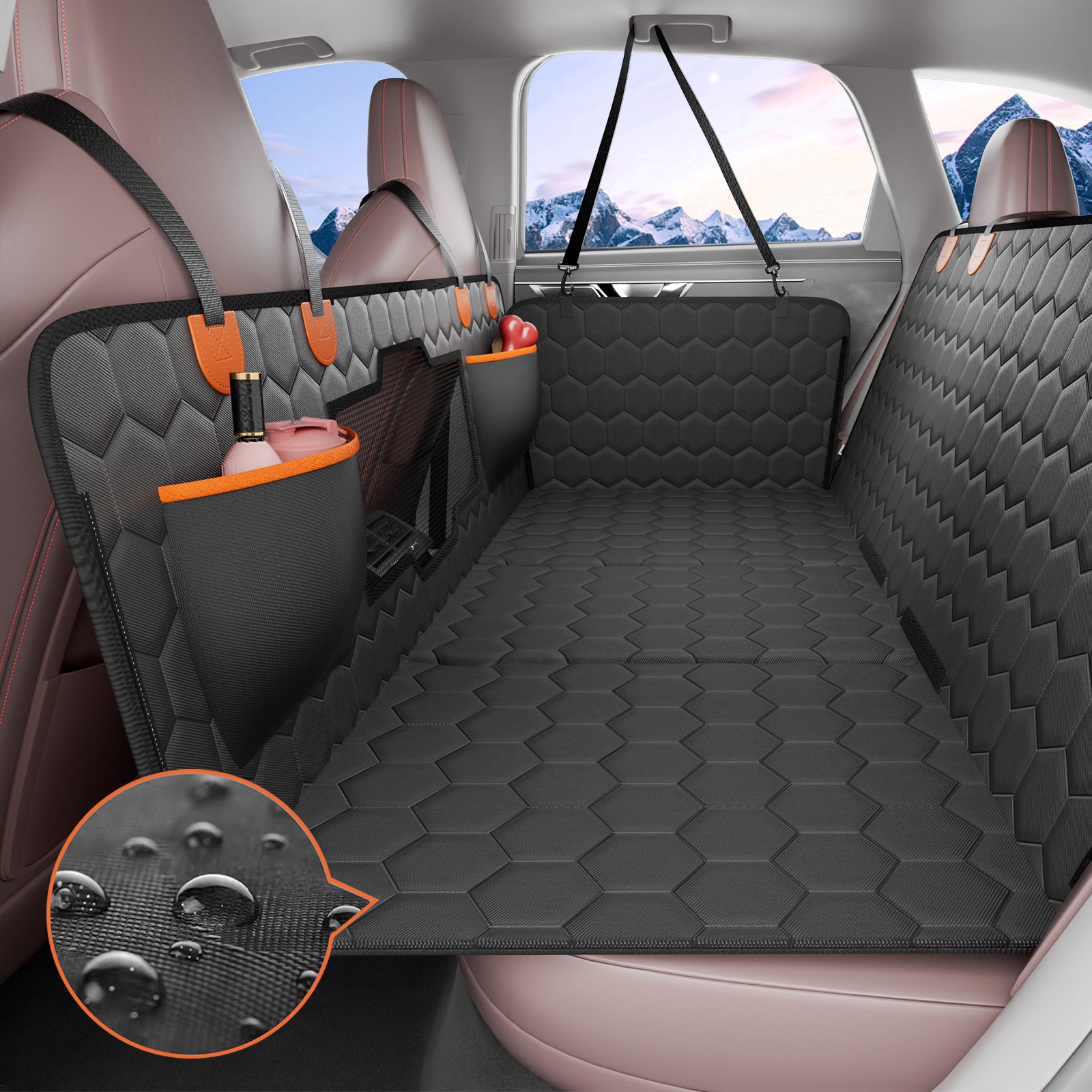 VEVOR Funda Perros Coche Impermeable 600D Cubierta de Asiento Trasero para Mascota 136 x 65 cm Protector de Asiento para Perros con Ventana de Malla Visible y Bolsillo de Almacenamiento para Coches