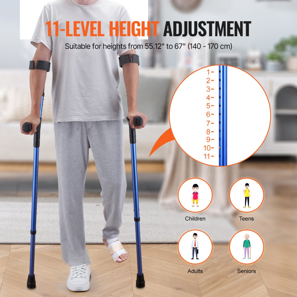 Muletas de antebrazo VEVOR para adultos, muletas para caminar de altura ajustable de 11 niveles con puño superior de 4 niveles, muletas de soporte médico de aluminio livianas para cirugía de lesiones en las piernas para discapacitados, 1 par (350 libras)