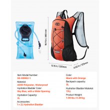 VEVOR Mochila de Hidratación TPU para Senderismo 8 L Naranja 460 x 320 x 125 mm