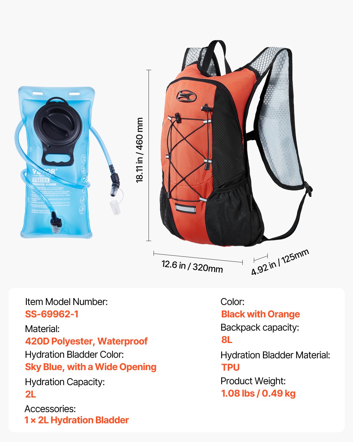 VEVOR Mochila de Hidratación Aislada de 8 L con Vejiga de Agua de TPU de 2 L, Mochila para Correr Mochilas de Senderismo para Ciclismo Correr Viaje Naranja, para Hombres y Mujeres, 460 x 320 x 125 mm