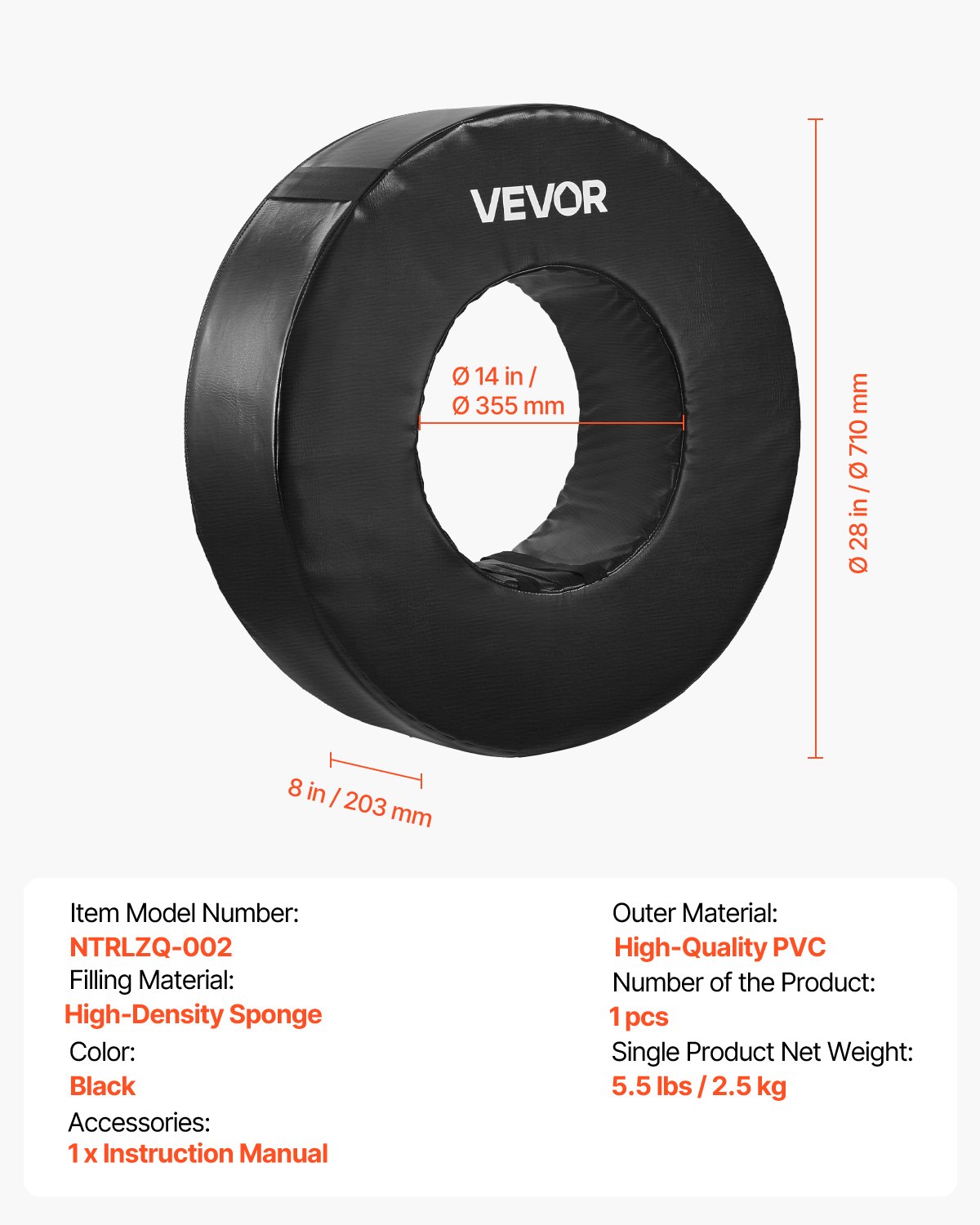 VEVOR Football Tackling Dummy, Waterproof Tackling Ring Made of PVC and High-Density Sponge, Training Dummies with Straps, for Blocking, Hitting and Practicing, Black, 1 pc.