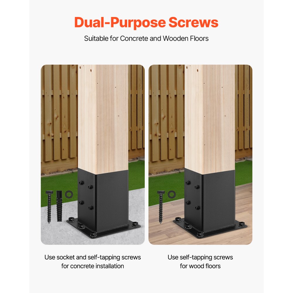 VEVOR Base para Postes de Madera 146 x 146 mm Tamaño Interior 142 x 142 mm 4 Piezas Soportes de Acero al Carbono para Postes Espesor de 2 mm para Instalaciones Fijas de Pérgolas, Barandillas, Negro