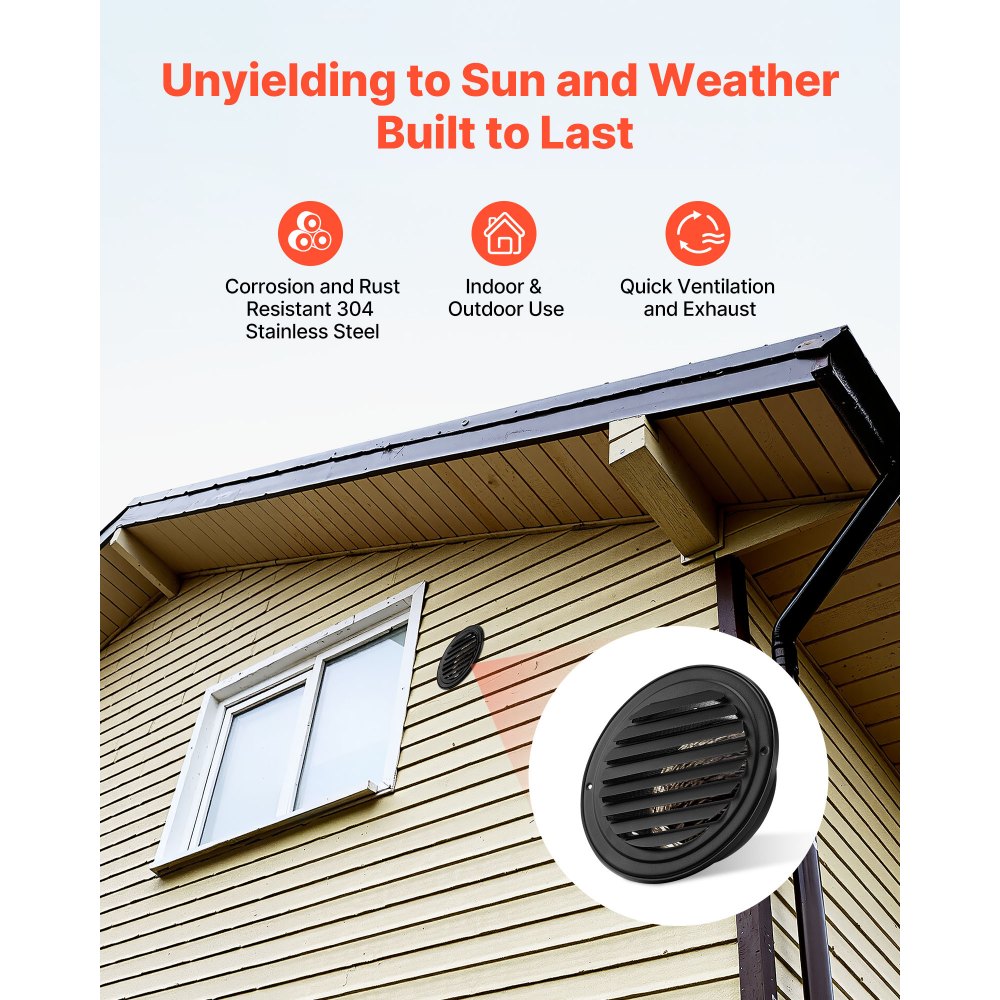 VEVOR 145 mm Wall Vent Cover, Louvered Round AC Vent Gable Cover, Premium Stainless Steel & with Built-in a Protection Screen, for House,Bathroom,Garage,Kitchen,Basement (2 Pack, Black)