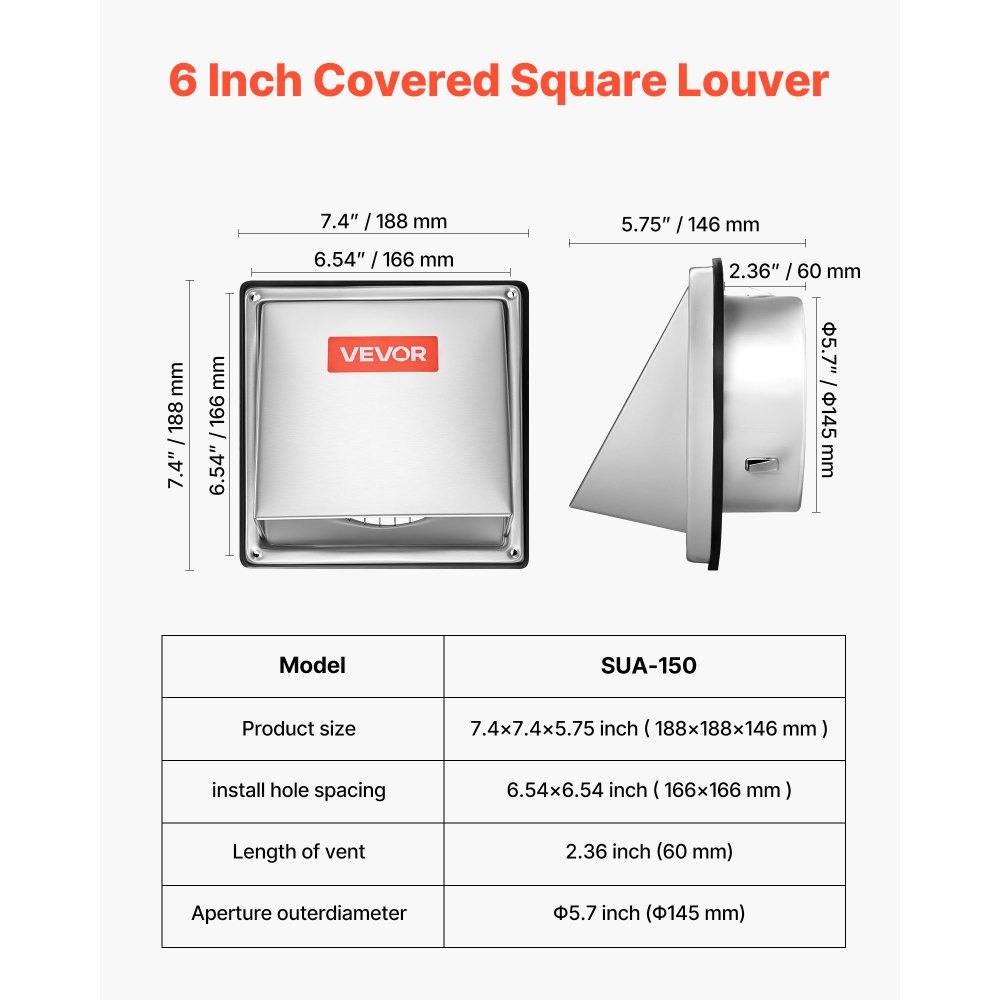 VEVOR 145 mm External Extractor Wall Vent Cover, Square AC Vent Gable Cover, Premium Stainless Steel & with Built-in a Protection Screen, for House,Bathroom,Garage,Kitchen,Basement (1 Pack, Silver)