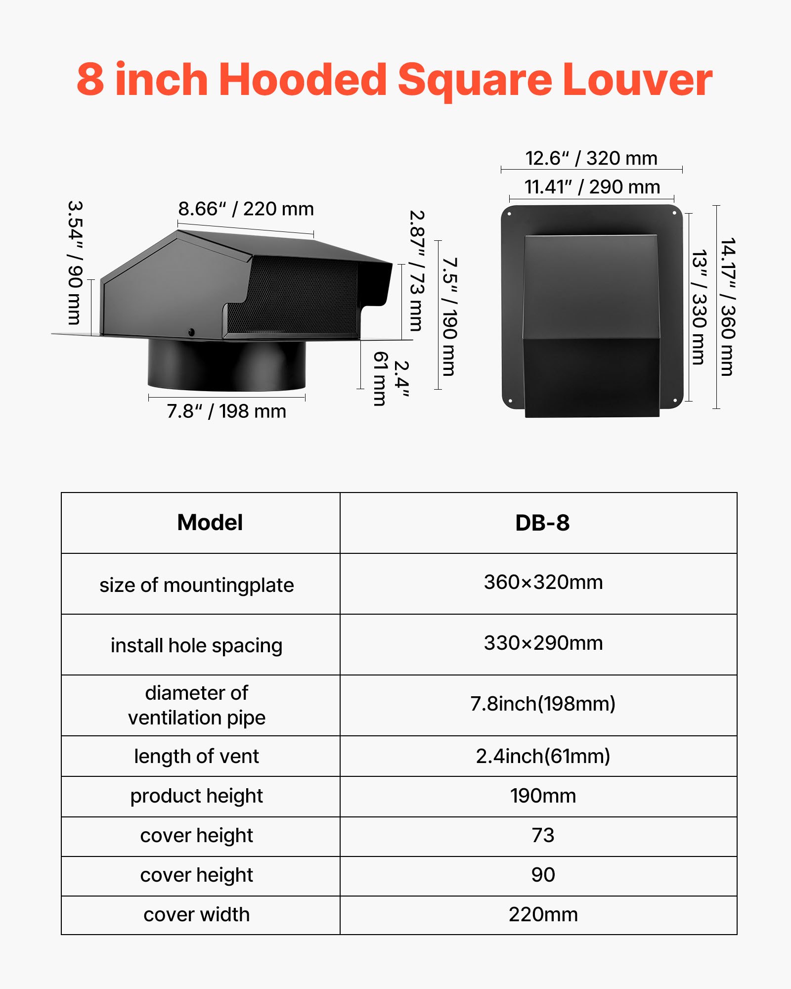 VEVOR Cubierta de Ventilación de Aire Acondicionado de Pared con Capucha 198 mm, Acero SPCC, Pantalla Protectora Integrada, para Techos, Paredes y Salidas de Escape de Conductos Exteriores, 1 ud