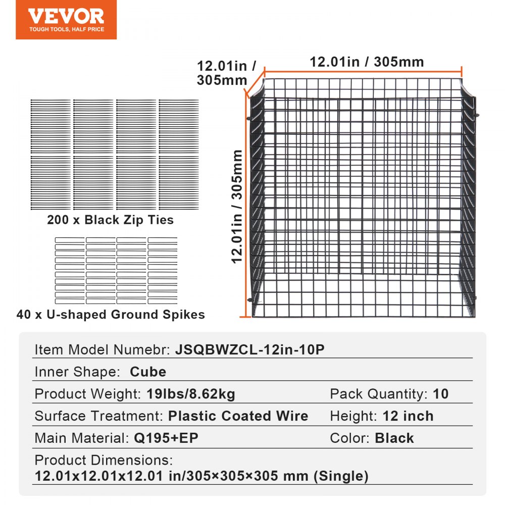 VEVOR 10-Pack Animal Protection Plant Guards, 12 x 12 Inch Chicken Wire Plant Guards, Plant Cages for Outdoor Plants, Flowers and Vegetables, Keeps Rabbits, Chickens and Squirrels Away, 40-Piece Metal Mesh