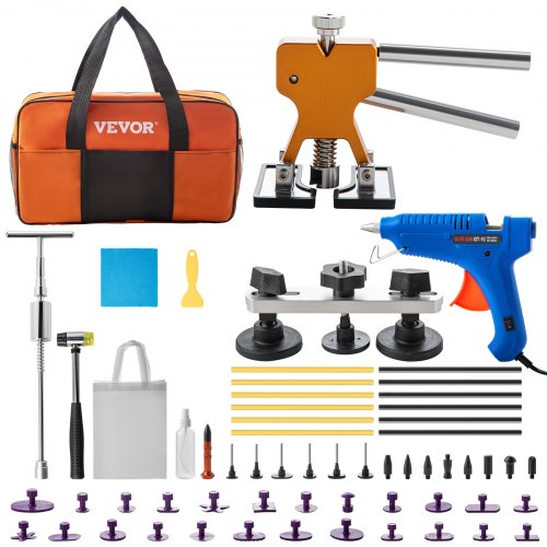 VEVOR Kit de Reparación de Abolladuras Kit de Extractor de Abolladuras, Herramienta de Barra en T, Kits de Eliminación de Lengüetas para Carrocería de Automóvil Gran y Pequeña Abolladura (60 Piezas)