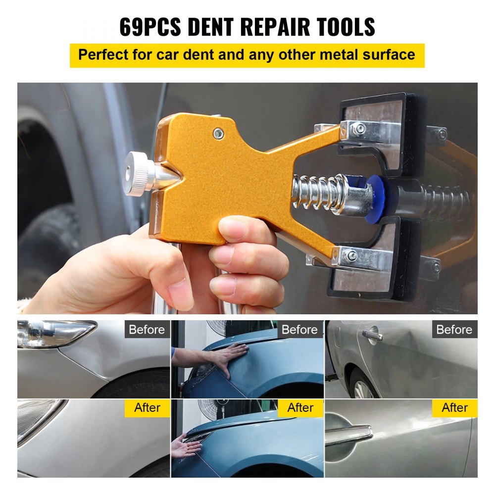VEVOR Kit de Reparación de Abolladuras Kit de Extractor de Abolladuras, Herramienta de Barra en T, Kits de Eliminación de Lengüetas para Carrocería de Automóvil Gran y Pequeña Abolladura (69 Piezas)