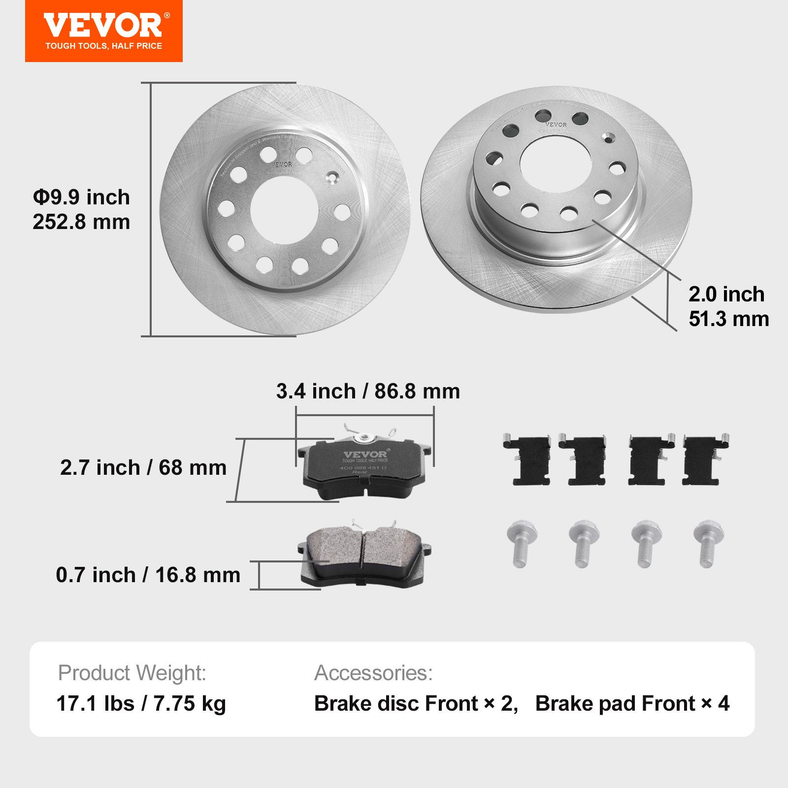 Kit de freno trasero VEVOR compatible con Audi A3 (8P), VW Golf 5 6, Seat LEON, SKODA OCTAVIA, ALTEA, kit de reemplazo de pastillas de freno de cerámica, rotores traseros de 253 mm