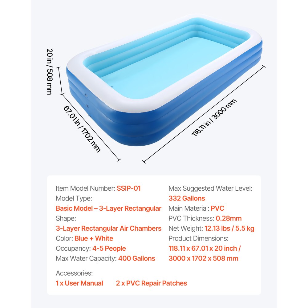 VEVOR Inflatable Pool, 3000 x 1702 x 508mm Large Inflatable Swimming Pool, Family Large Swimming Pools with Repair Patches, Blow Up Pools for Kids, Adults, Family, Indoor Outdoor, Summer Water Party